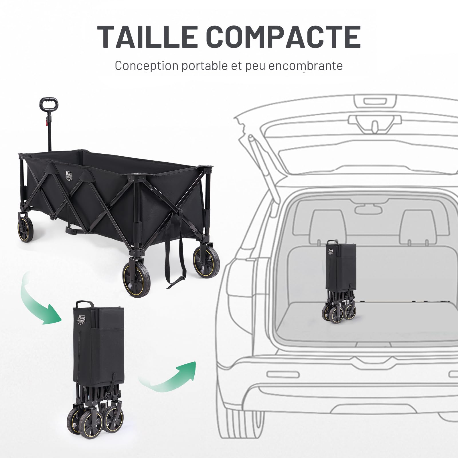TIMBER RIDGE Chariot Camping Pliable 300L avec Frein Tout Terrain 160kg | Filets anti-chute, poche latérale, porte-boisson et poignée réglable, charrette charge 160kg camping plage et jardin