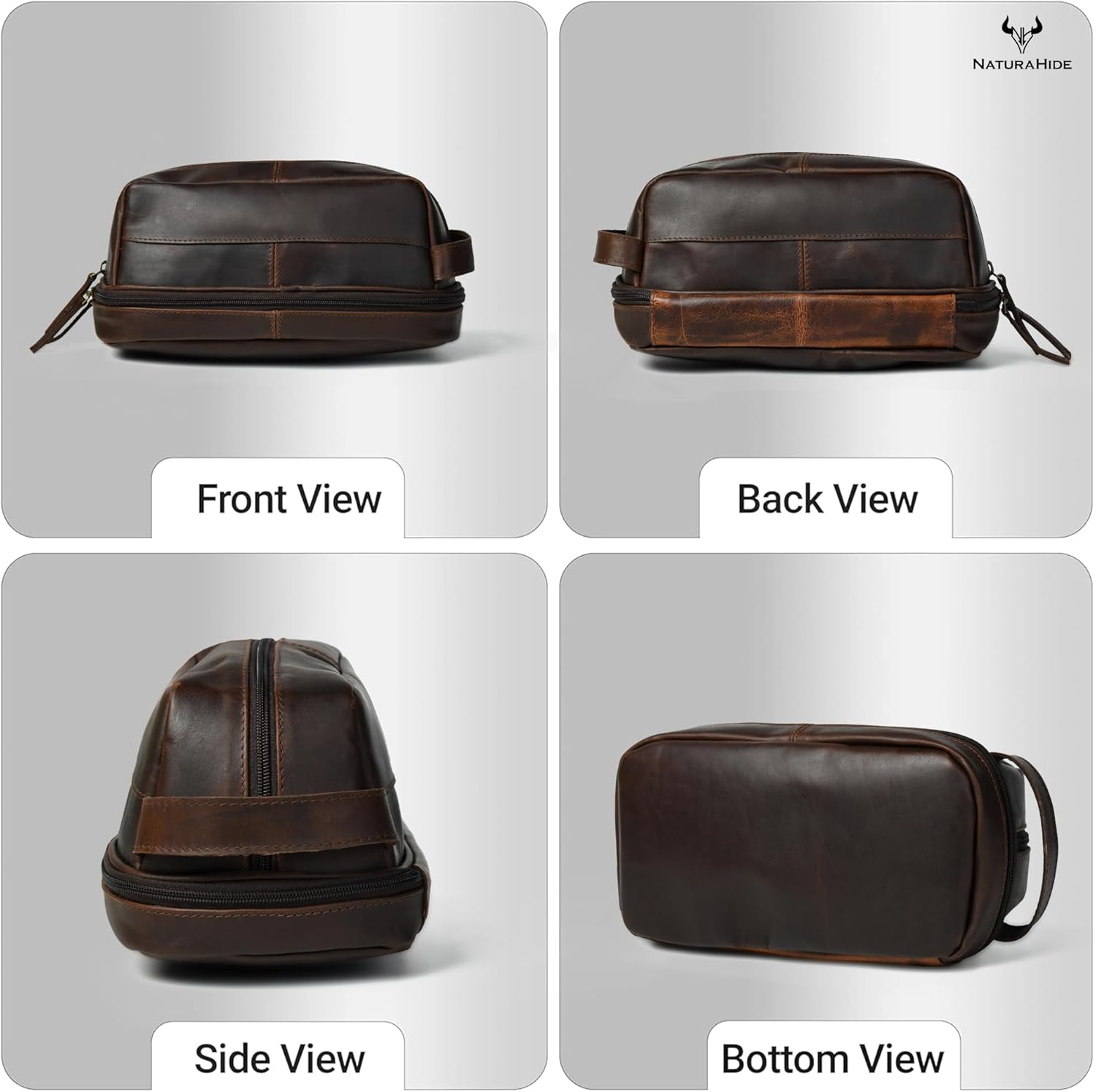 Leather Toiletry Bag – Full Grain Cowhide, Travel Kit with Brass Zipper & Wax Thread Stitching Capacity 1L