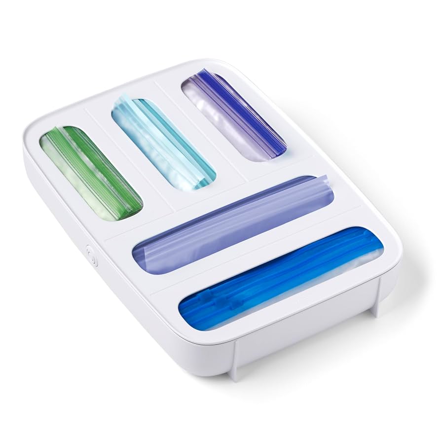 YouCopia StoraBag Drawer Food Bag Dispenser, Plastic Sandwich Bags Organizer for Kitchen Storage, 5-Slot, White