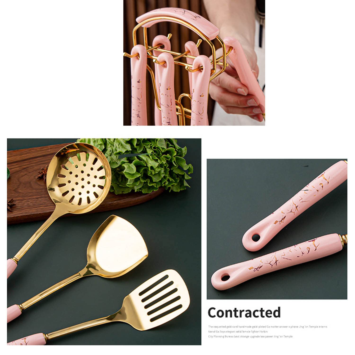 Luxe Ensemble D'ustensiles de Cuisine 7 Pcs Acier Inoxydable Ustensiles de Cuisine Poignée en Céramique avec Support Spatule Louche Cuillère de Service Serveur de Pâtes