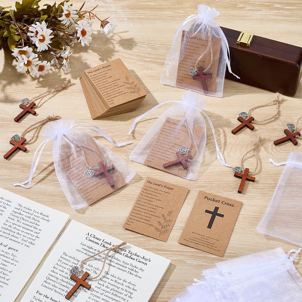 WEBEEDY 50 Sets Pocket Cross Charm Christian Gifts Bulk Small Wooden Crosses With Heart Charm Card and Organza Bag, Christian Comfort Cross Inspirational Gifts for Women Men