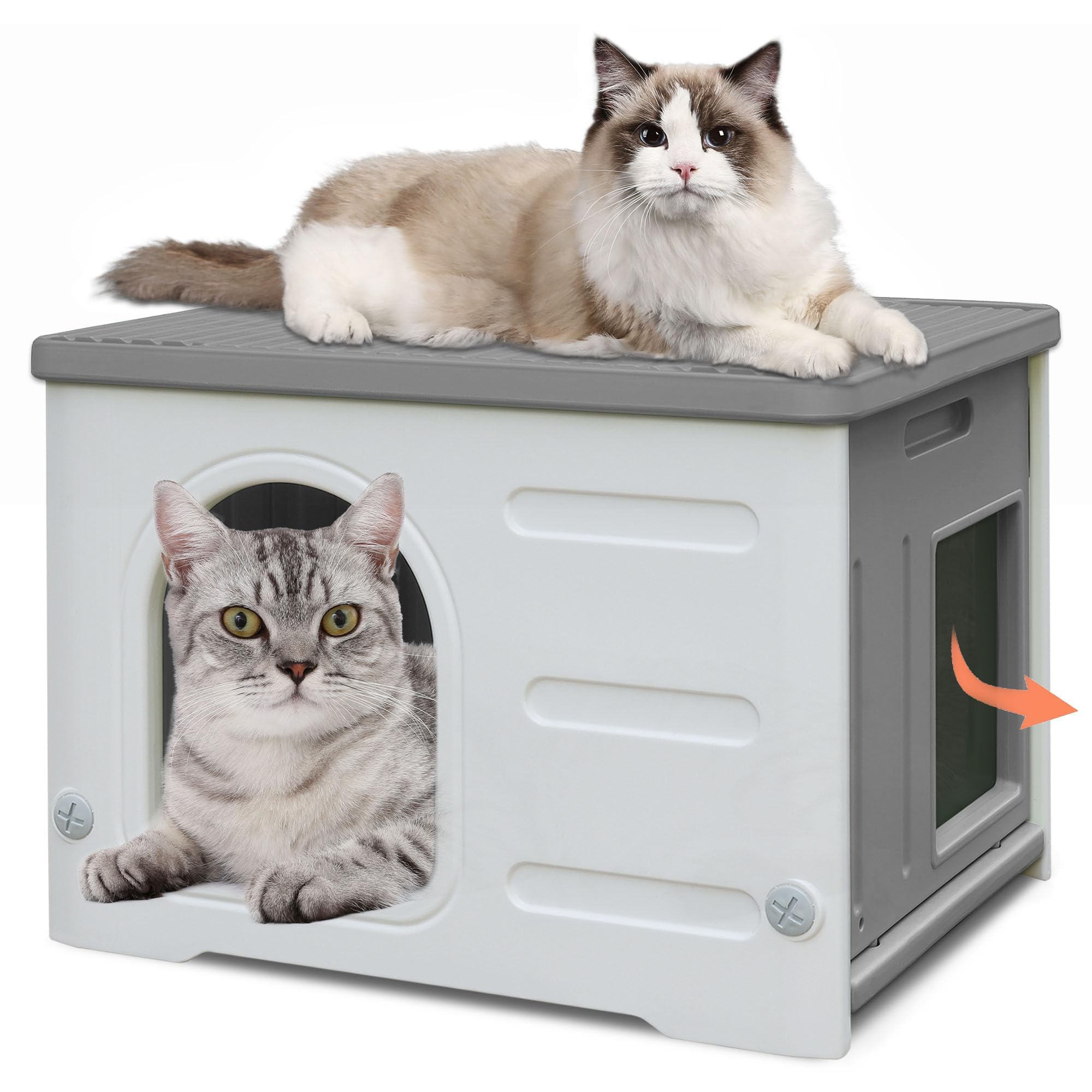 Amazon | 屋外用猫ハウス 耐候性プラスチック製 猫用高台付き食器・猫