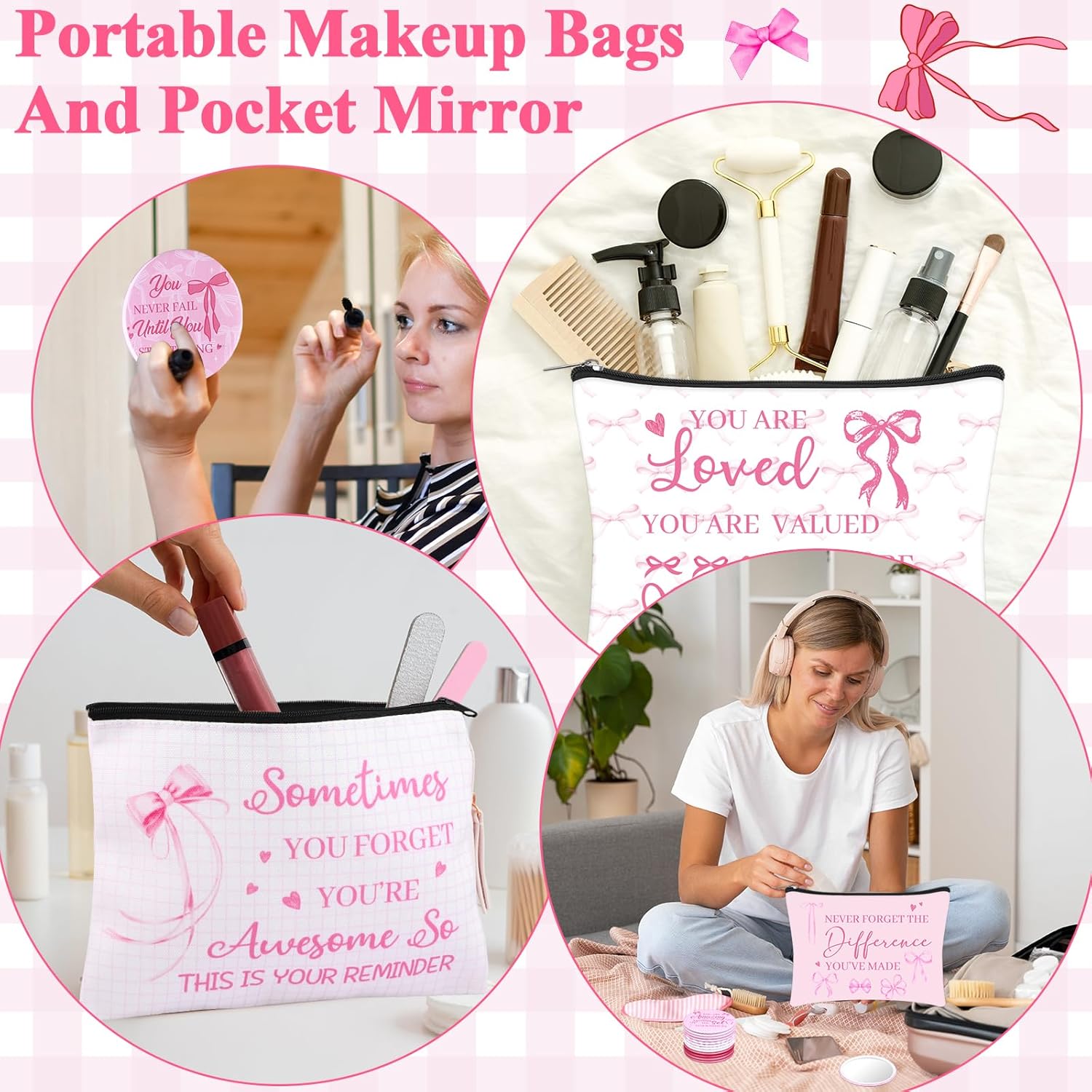 24 Sets Pink Bow Inspirational Makeup Bag with Compact Mirrors Bulk Canvas Cosmetic Bags Pink for Women Party Christmas Graduation