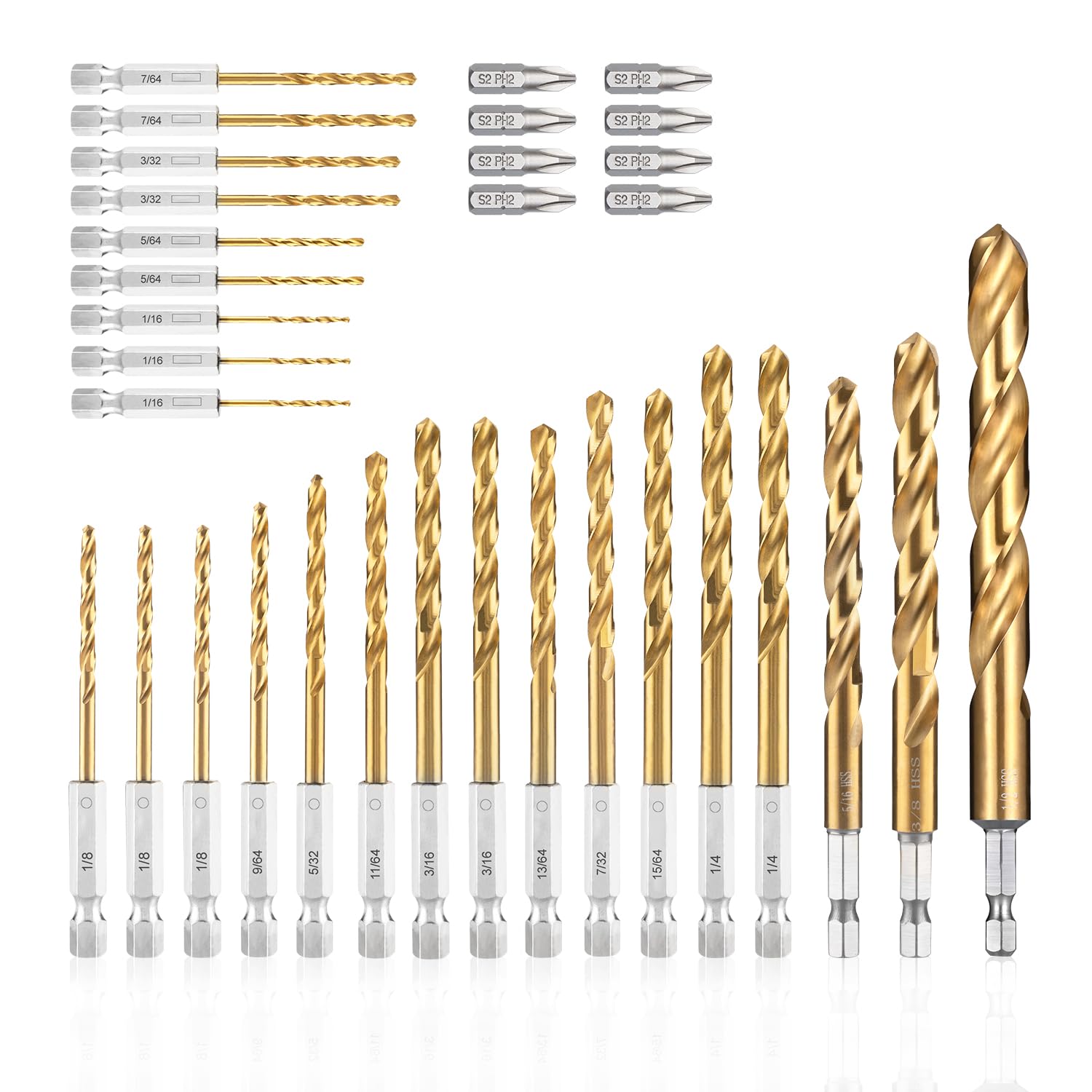 amoolo Impact Drill Bit Set, 33pcs Titanium HSS Twist Hex Shank Drill Bit Set for Metal, Steel, Wood, Plastic, Quick Change Design Plus 8pcs PH2 Short