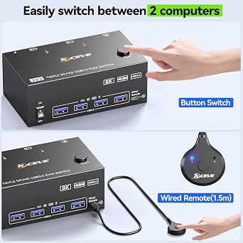 KVM Switch 3 Monitors 2 Computers 8K@60Hz 4K@144Hz, HDMI Displayport KVM Switch Triple Monitor for 2 PC Share 3 Monitor and 4 USB3.0 Devices,Wired Remote and USB Cables Included
