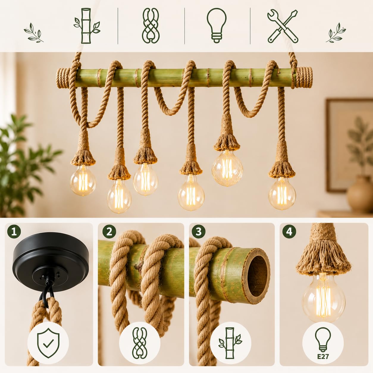 ONSSI® Lámpara Colgante de Bambú Natural,Lámpara de Techo Vintage Rústica con 6 Portalámparas E27,Diseño de Cuerda de Cáñamo Ajustable,para Comedor,Salón,Bar,Cafetería y Restaurante (Sin Bombillas)