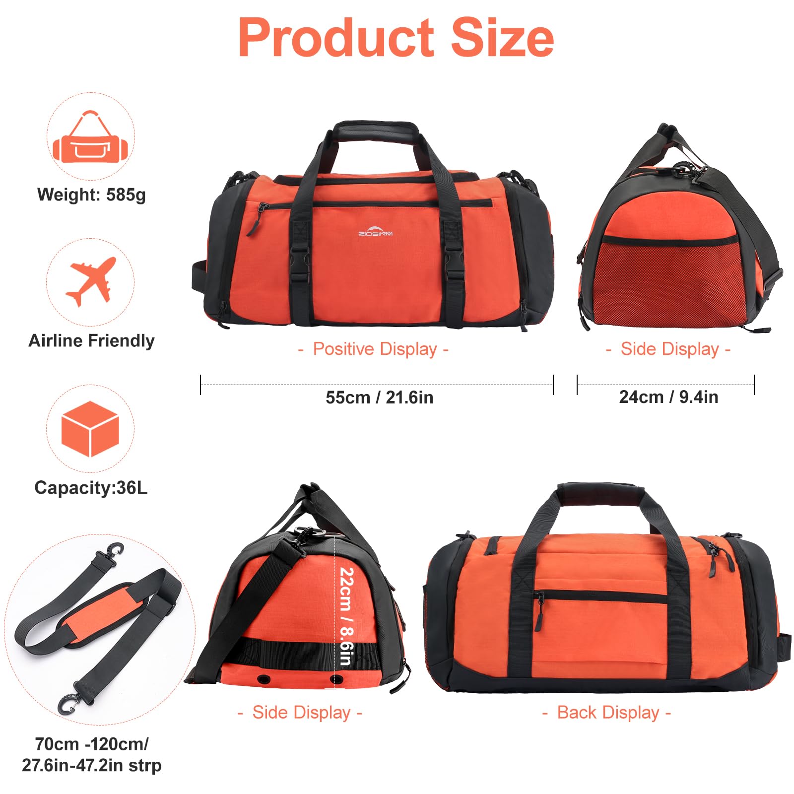 Bolsa Deporte Hombre, 36L Mochila Gimnasio Hombre, Bolsa de Viaje Mujer Impermeabile Oxford con Compartimento para Zapatos, Compartimento para Artículos Húmedos y Capa Aislante (Naranja)