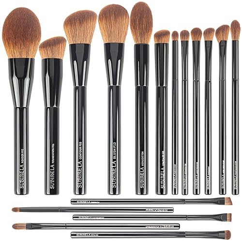 SUBIRELA - Juego de brochas de maquillaje profesional, 17 brochas de maquillaje etiquetadas con base en polvo, contorno de rubor, iluminador,