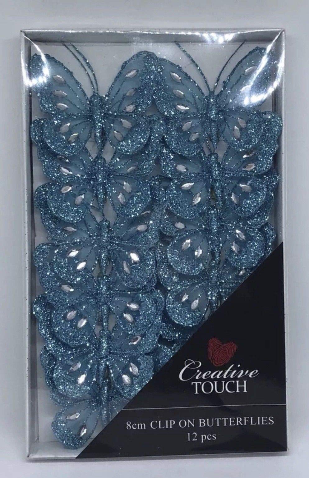 Set of 6 Teal 8cm Diamante Glitter Mesh Jewelled Butterfly 3D Decorative Butterflies Wedding Home Party Event Craft Embellishment Festive Stylish Xmas Tree Christmas Decoration Curtain Clip On