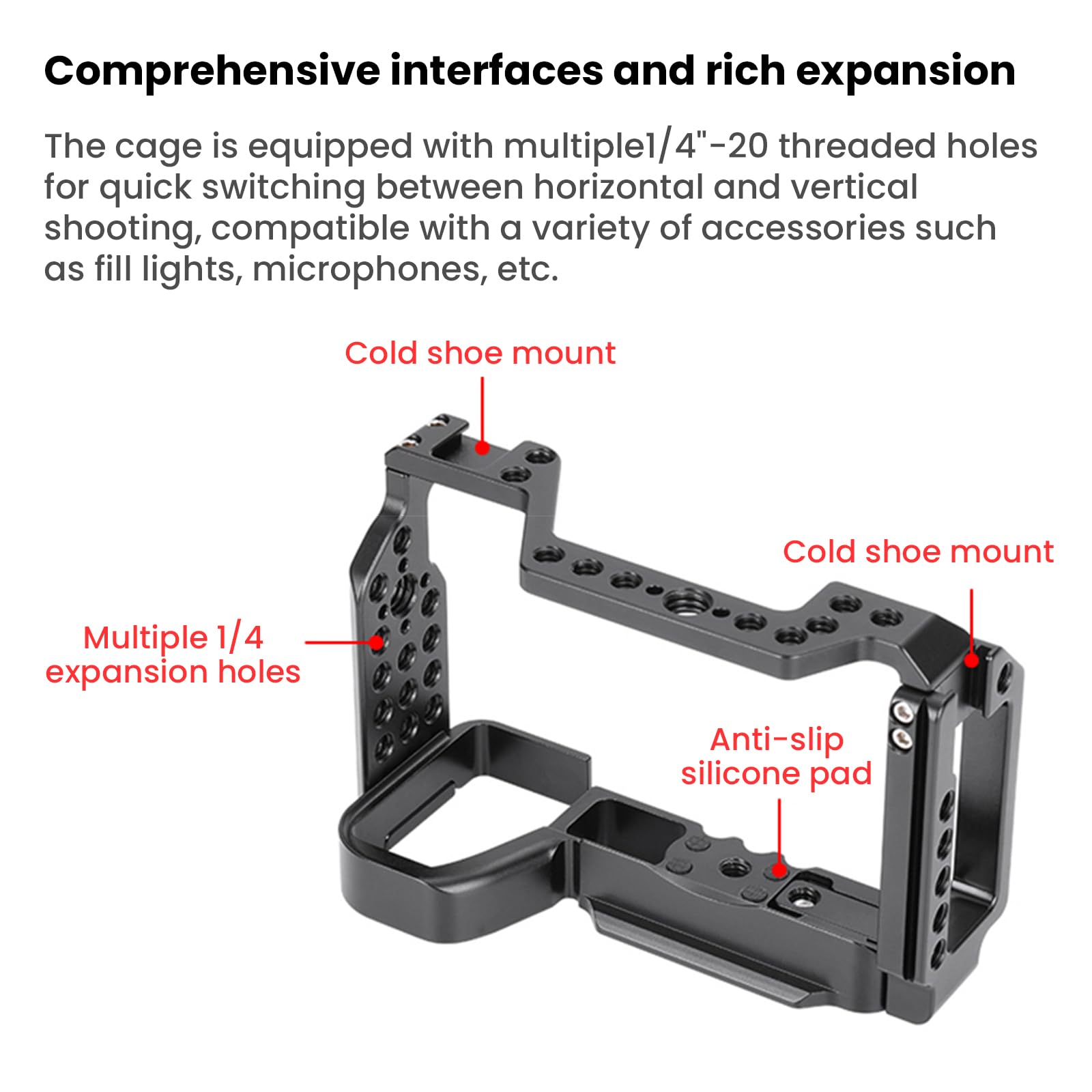 Jaula profesional para cámara Sony A6600 T6061 CNC de aluminio vertical, soportes de zapata fría y diseño antigolpes, perfecto para vlogging/videos cortos (YH-A6600 4620)