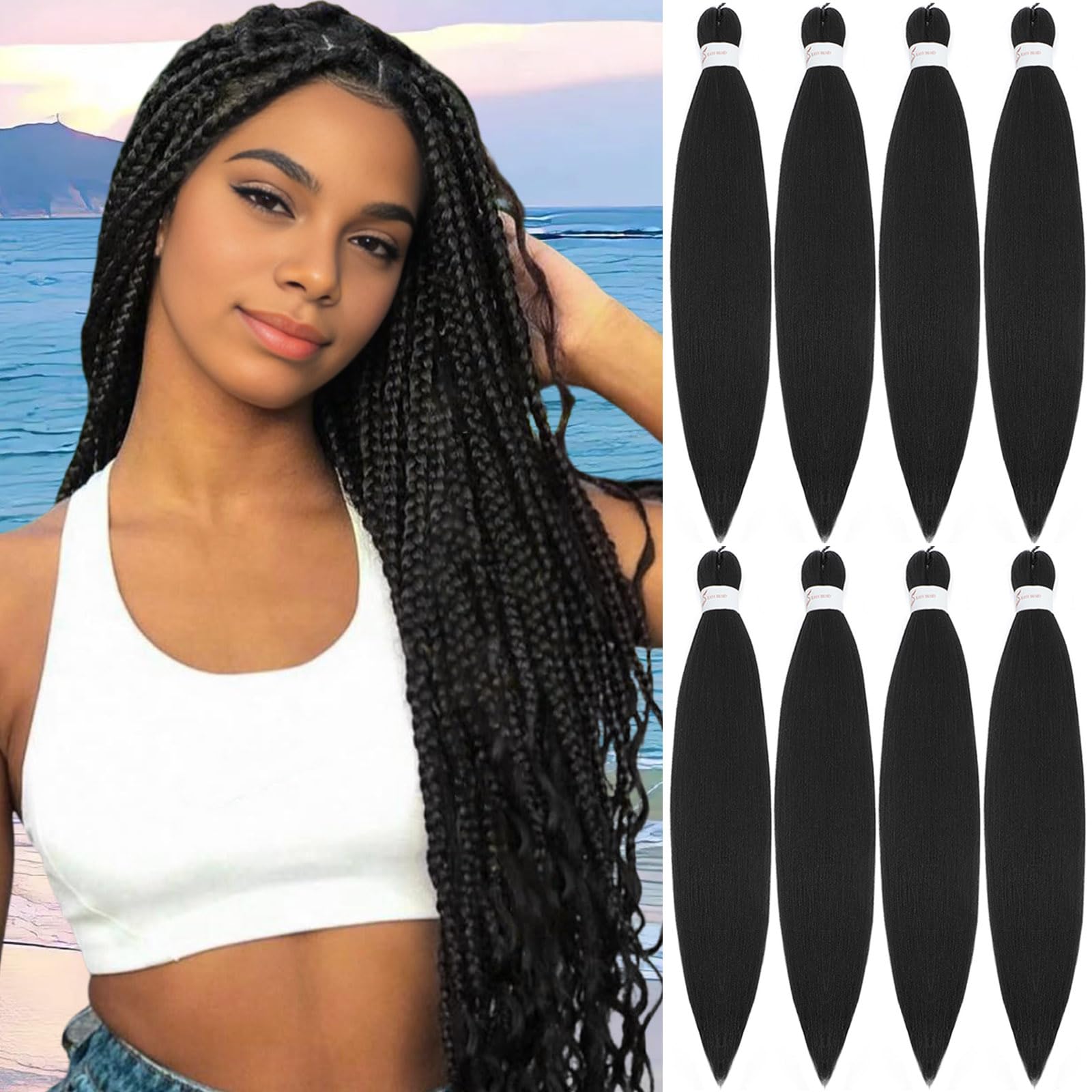 Braiding Hair Pre Stretched 22 Inch 8 Pack Long Professional Pre Stretched Hair For Braiding Soft Yaki Texture Hot Water Setting Synthetic Crochet