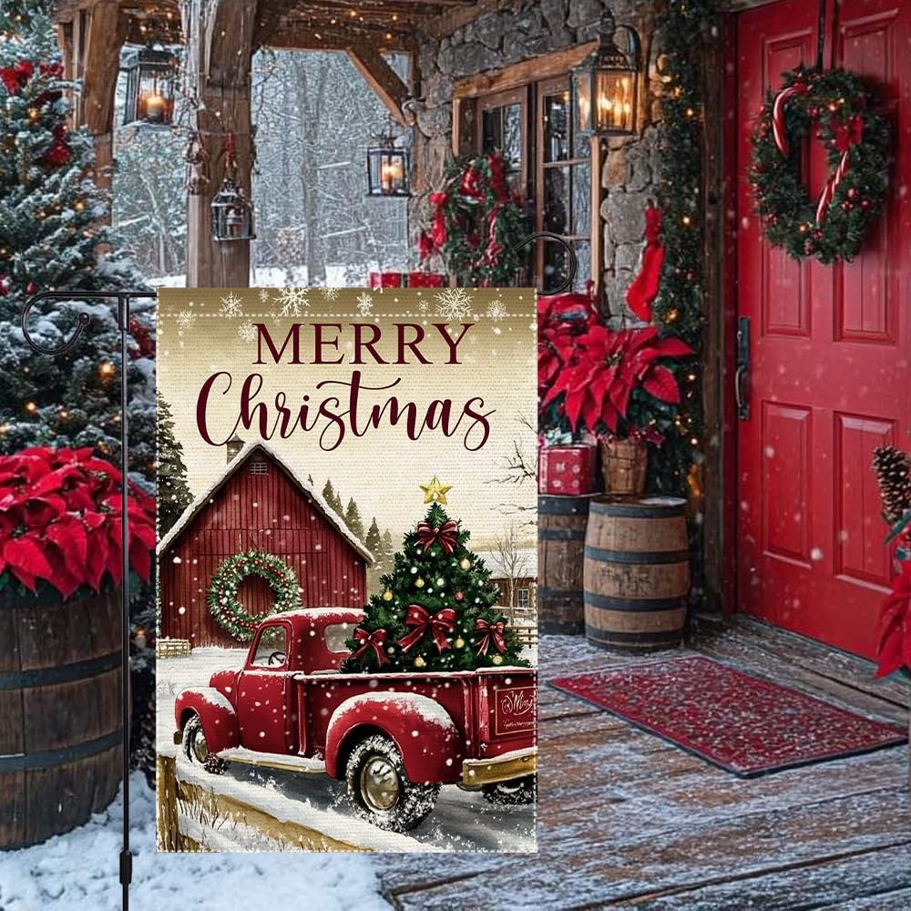 Red Truck Christmas Garden Flag 12x18 Inch Double Sided Small Burlap Yard Decoration Vintage Farmhouse Holiday Flag Outdoor Winter Merry Christmas Decor - Image 2