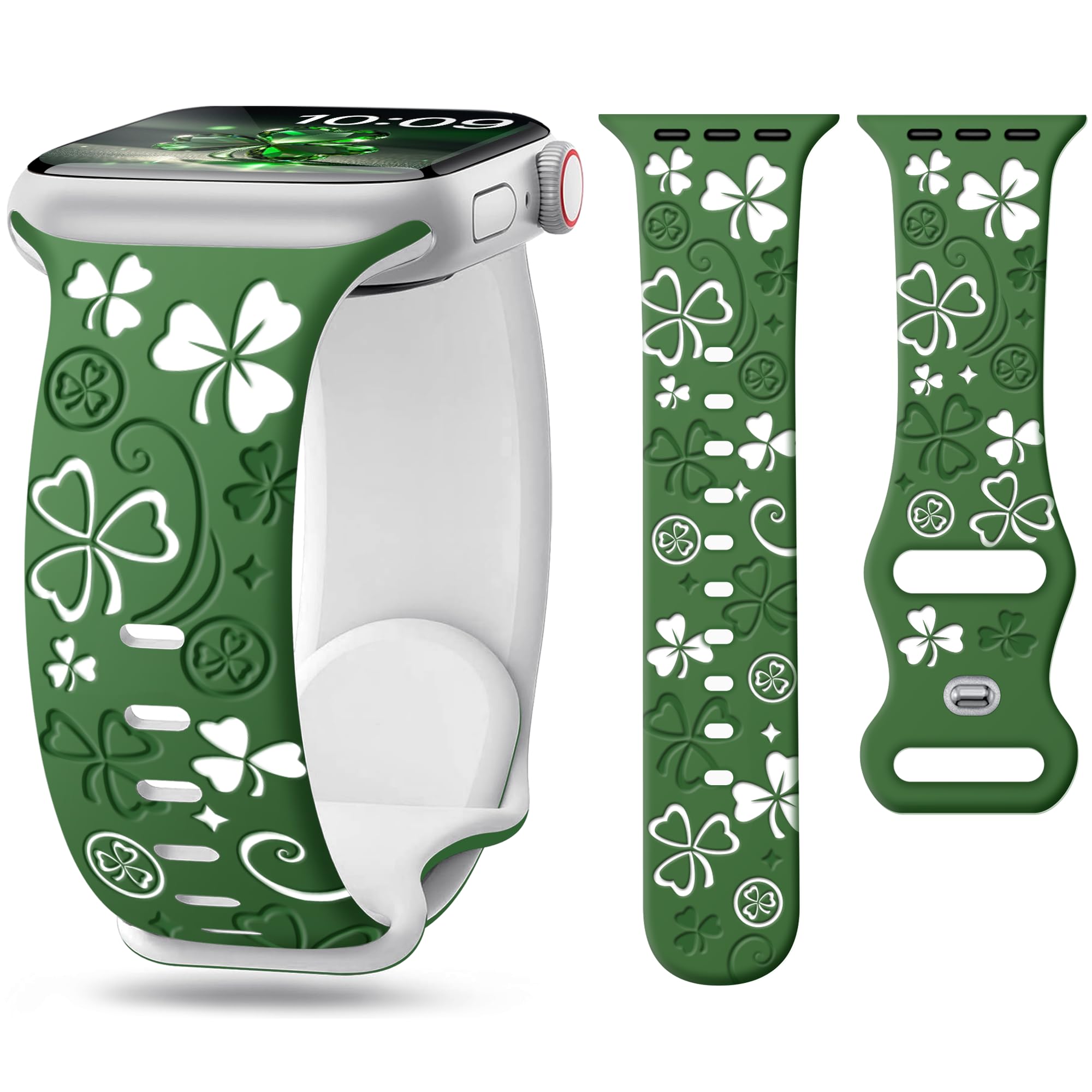 G-ficu Lucky Clover Silicone Band for Apple Watch Bands 46mm 45mm 44mm 49 42mm(S3) St Patricks Day iWatch Bands Series 10 9 8 7 SE 6 5 4 3 Ultra for Women Men, Cute Shamrocks Dressy Holiday Strap-B