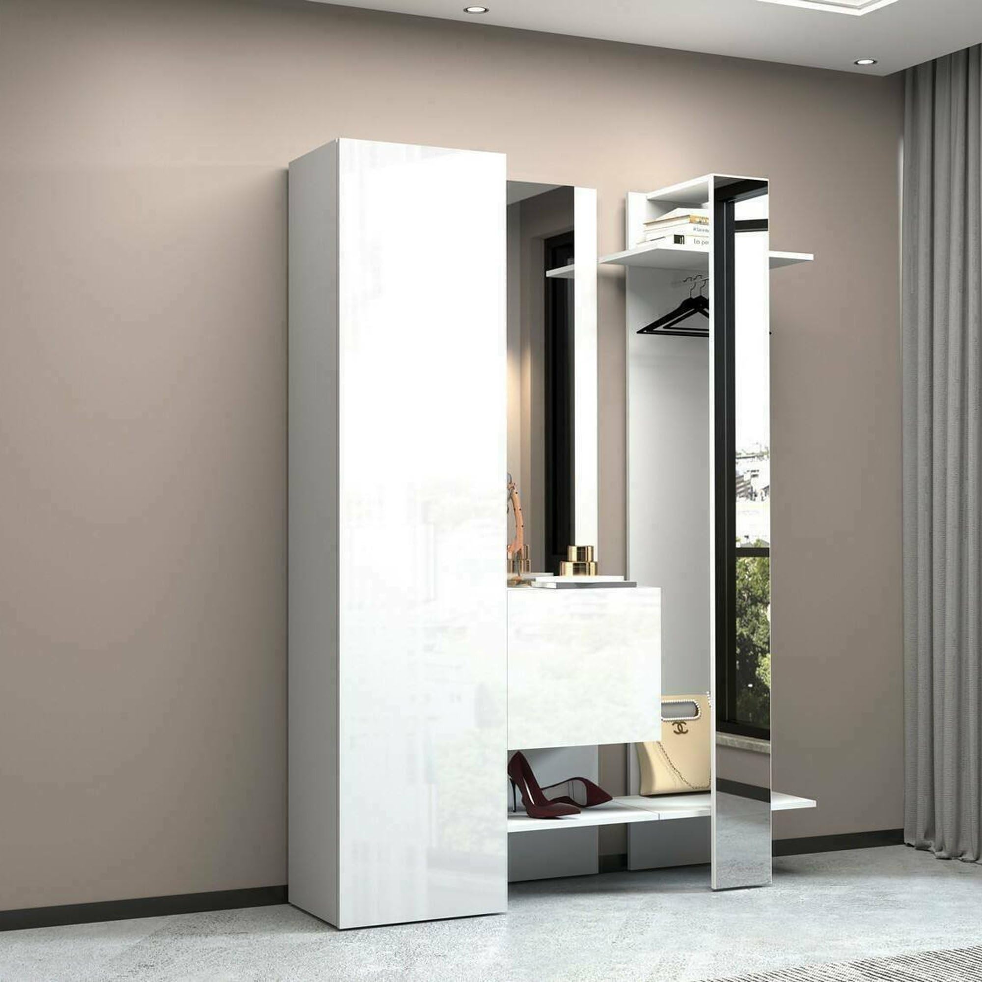 Dmora - Mobile da ingresso Vilmaro, Armadietto multifunzione a 2 ante, Appendiabiti da parete con 2 specchi, 140x35h190 cm, Bianco