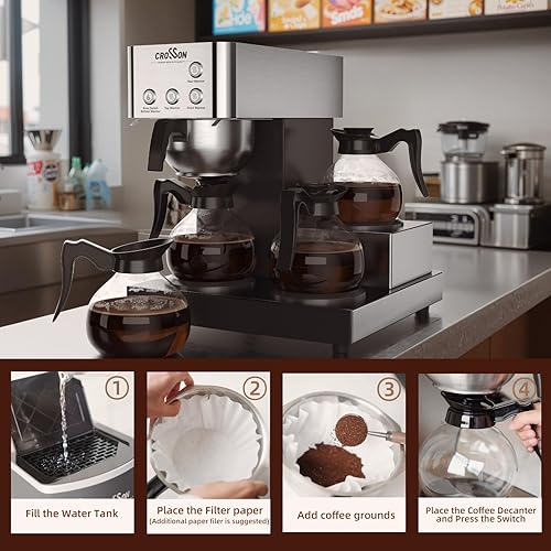 Miniatura 5 de crosson Cafetera comercial de 12 tazas con 4 calentadores y 4 decantadores de vidrio, cafetera de goteo con carcasa de acero inoxidable y embudo 304