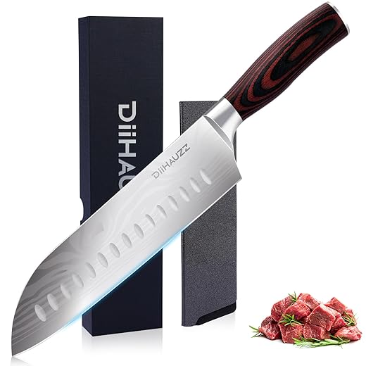 7 Inch Japanese Style Chef Knife, Ultra Sharp Santoku Knife High Carbon Stainless Steel, Forged Professional Kitchen Knives with Ergonomic Pakkawood Handle and Edge Guard, Gift Box
