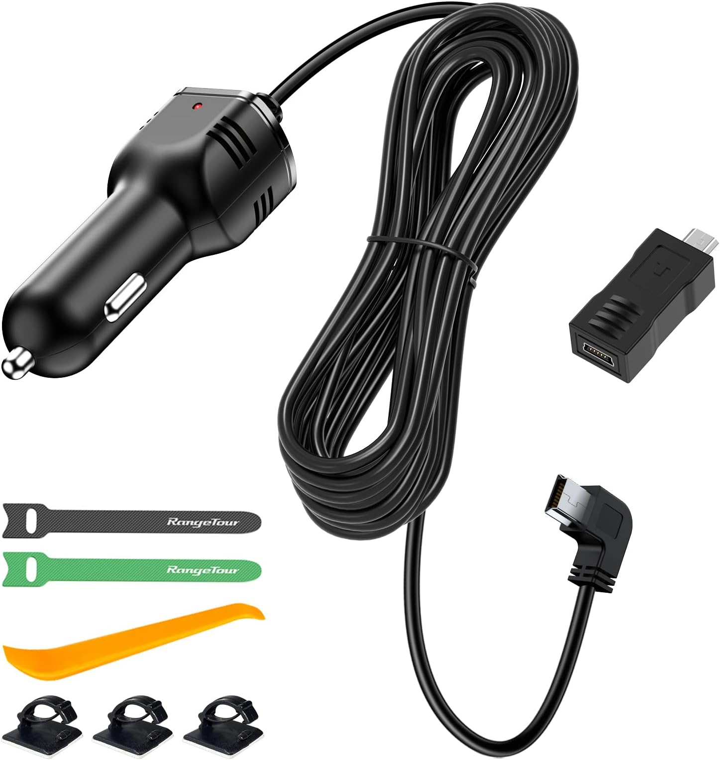 Dash Camera Car Charger, Mini USB and Micro USB Interfaces, L-Type Driving Recorders Power Cord Universal Car Adapter Power Cord 4m/13.12ft 12V/24V to DC5V 3A