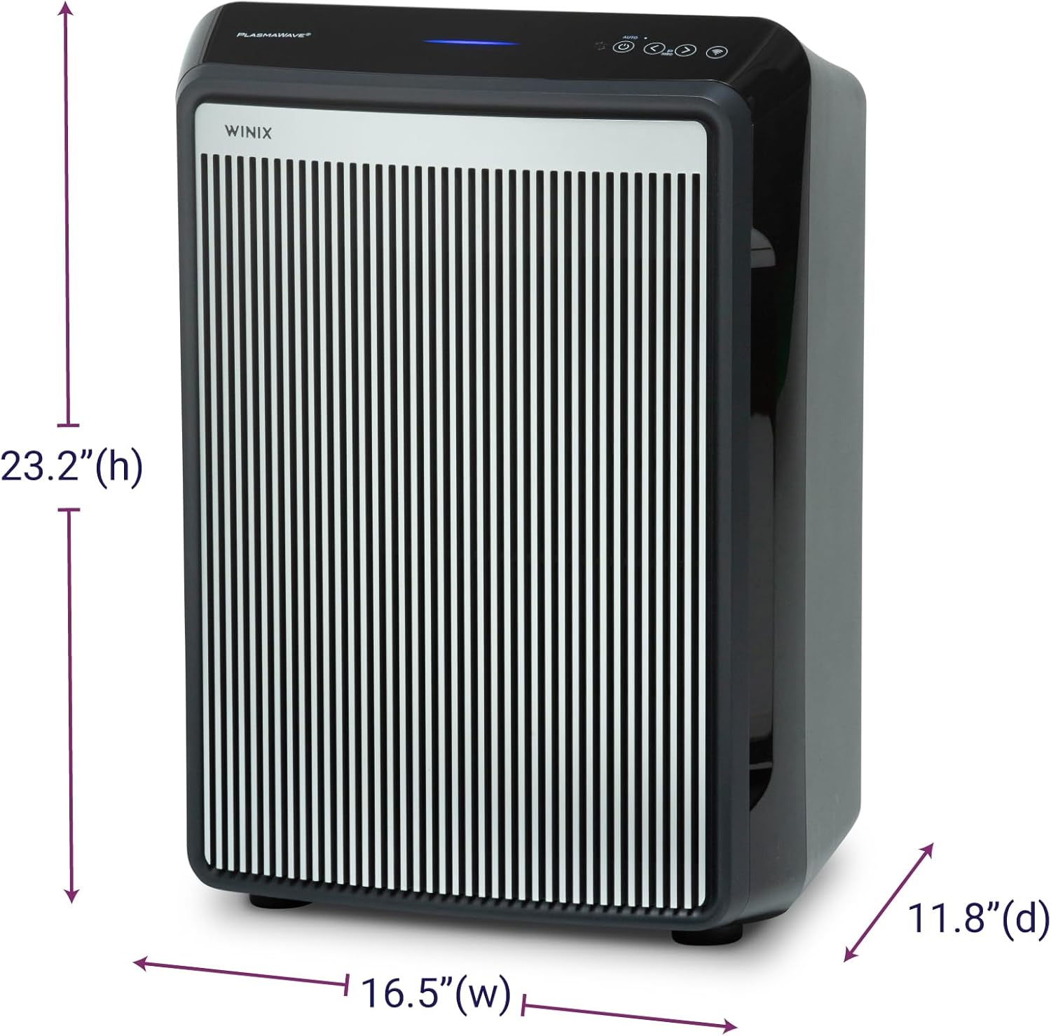 Winix 9800 Air Purifier with dimensions labeled: 23.2 inches (h), 16.5 inches (w), 11.8 inches (d)