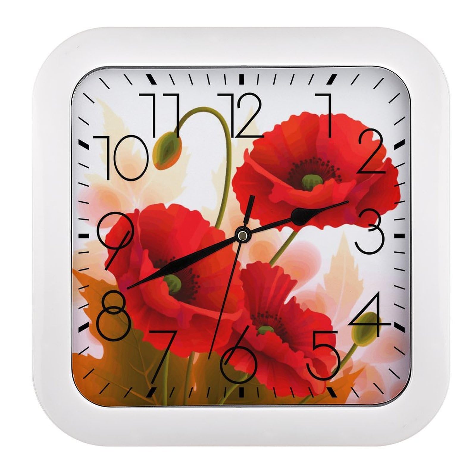 LZQPOEAS Poppy Flowers Vivid Petals Square Wall Clock, 10.2 Inch Battery Operated Silent Non-Ticking Wall Clock, Square Analog Decorative Clock for Home Wall Art, Living Room, Bedroom, and Office