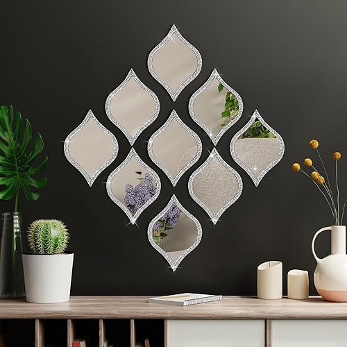 Tanlade 9Pcs Teardrop Mirror Wall Decor Acrylic Decorative Mirror Wall Decor Boho Vintage Wall Art Farmhouse Decorative Mirror for Apartment Living Room Bathroom Bedroom, 9.8 x 6.7 Inch (Silver Frame)