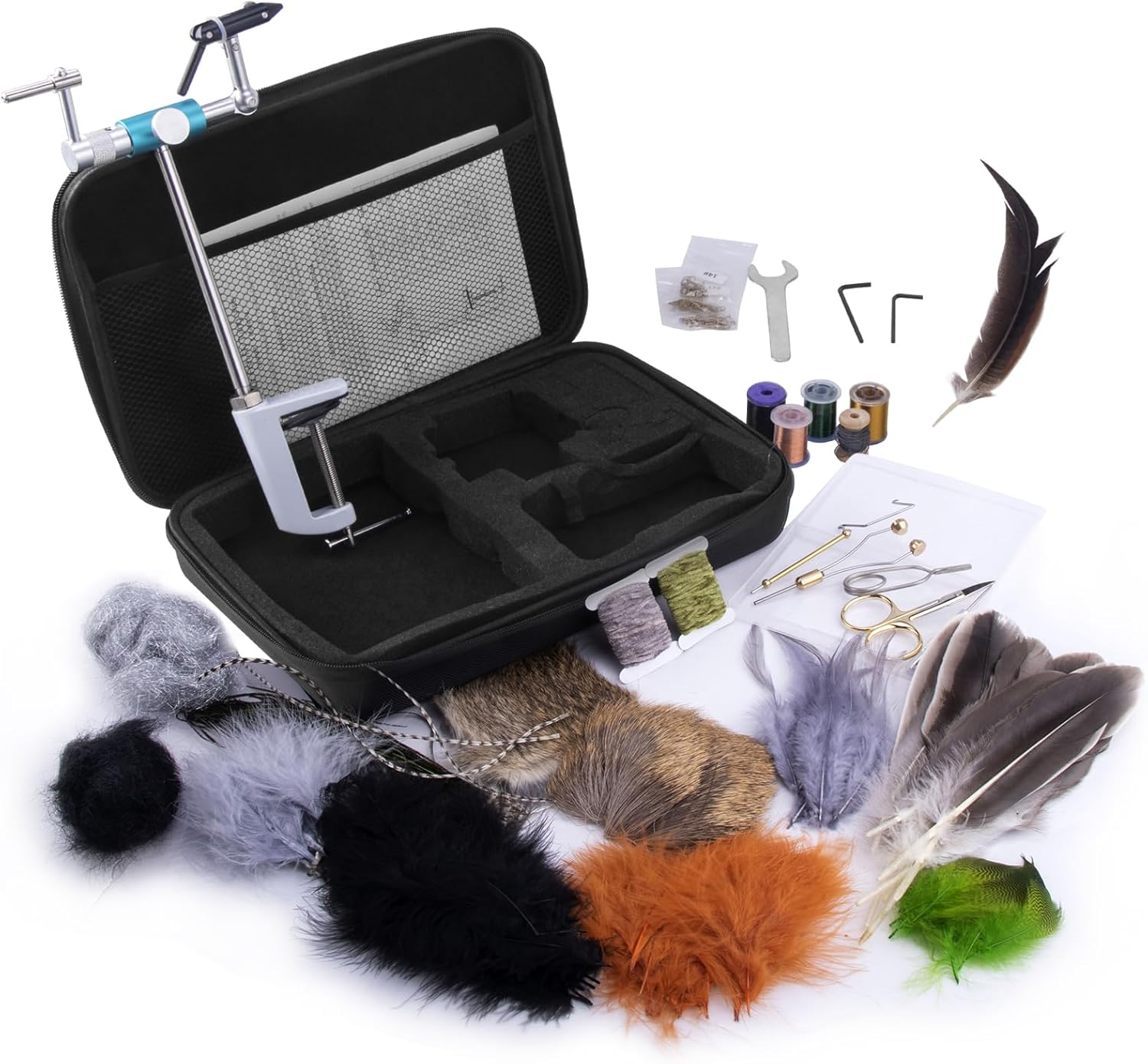 Dr.Fish Fly Tying Kit, Fly Tying Vise Fly Tying Materials Aluminum Fly Fishing Tools Hackle Bobbin Scissors Plies Feather Hareline Fly Hooks, Flies Making Kit Station for Beginners