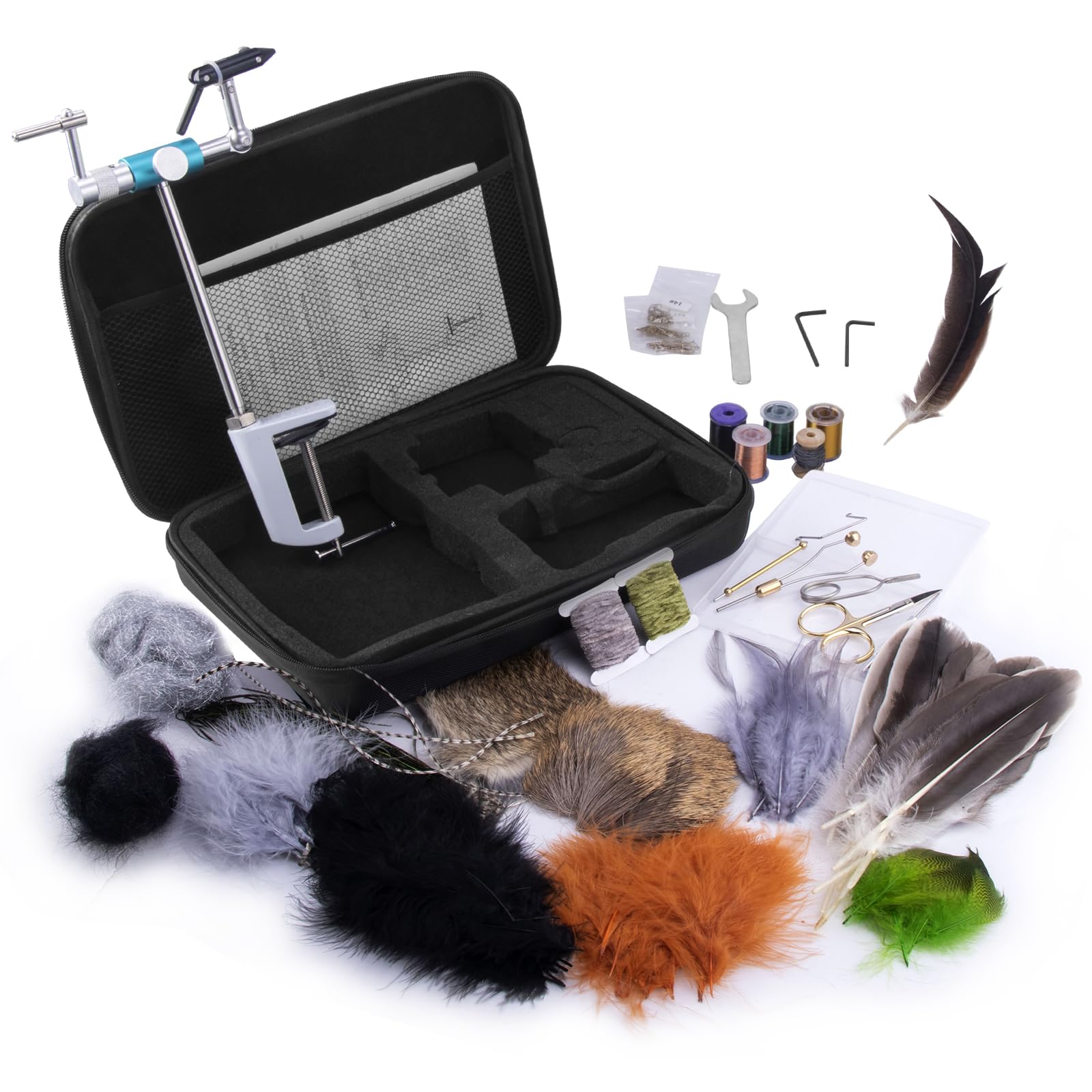 Dr.Fish Fly Tying Kit, Fly Tying Vise Fly Tying Materials Aluminum Fly Fishing Tools Hackle Bobbin Scissors Plies Feather Hareline Fly Hooks, Flies Making Kit Station for Beginners