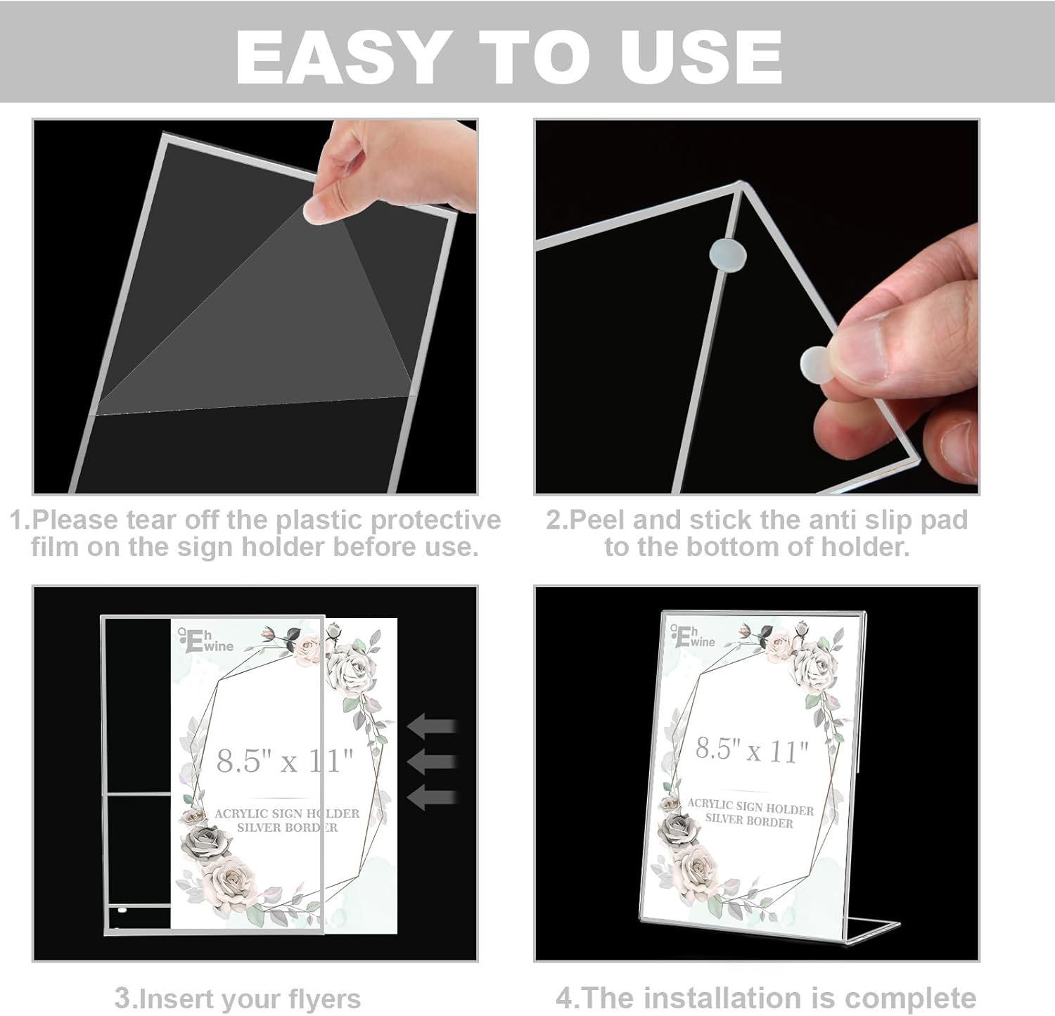 EHWINE 12 Pack Acrylic Sign Holder 8.5 x 11, Silver Picture Frame Stand up Table Top Sign Holders, Slanted Back Paper Holder Clear Display Stand Menu Flyer Holder for Wedding Party