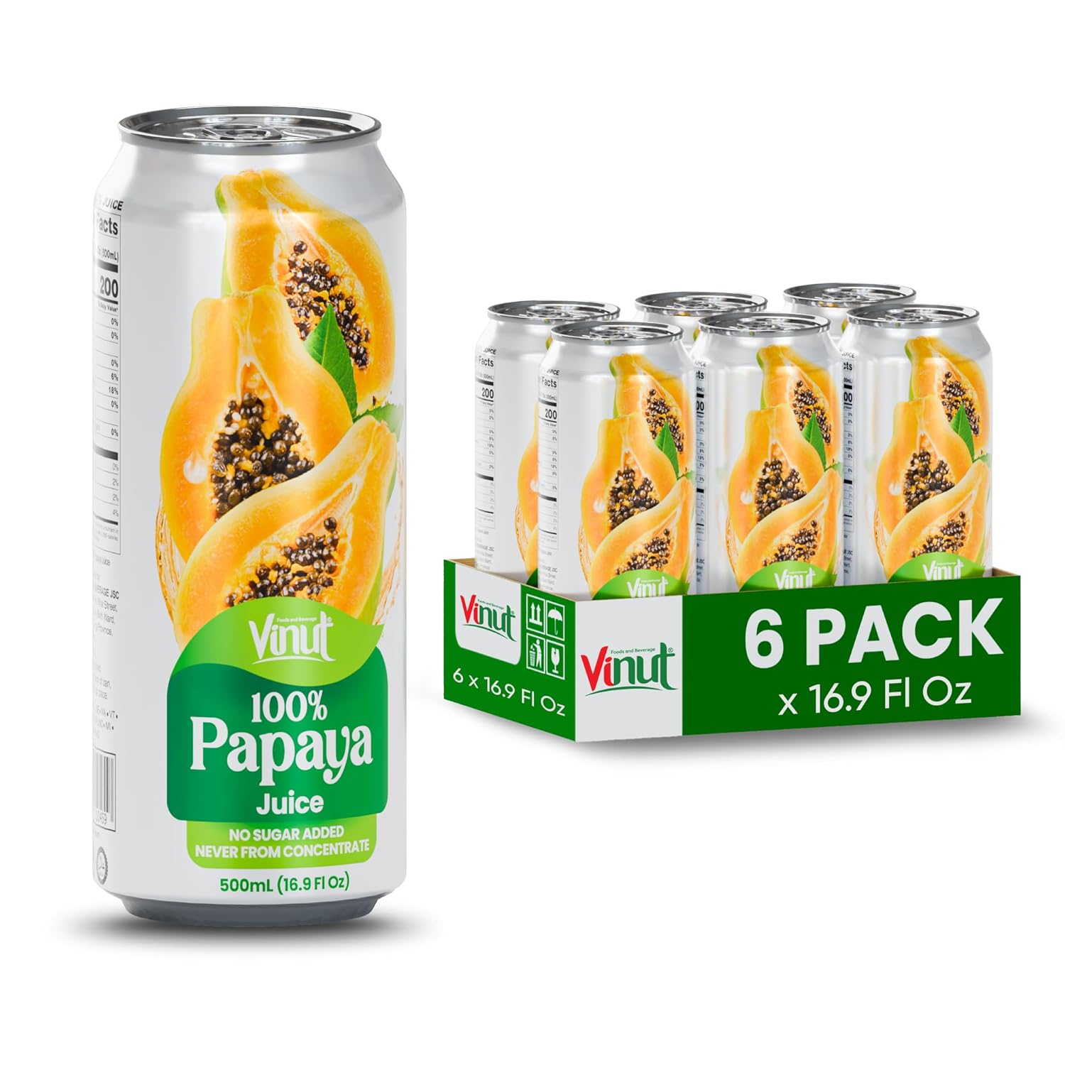 VINUT 100% Papaya Juice, No Added Sugar, Not From Concentrate, 16.9 fl oz (500 mL) Can, Pack of 12
