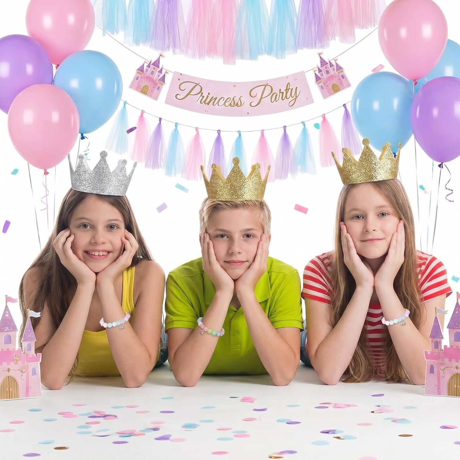 Huquary 12 Pcs Pastel Princess Party Bracelets | Fairy Tale Princess Party Favors Cartoon Story Bracelets with Crown for Gifts Pastel Birthday Goodie Bag Stuffers Gifts