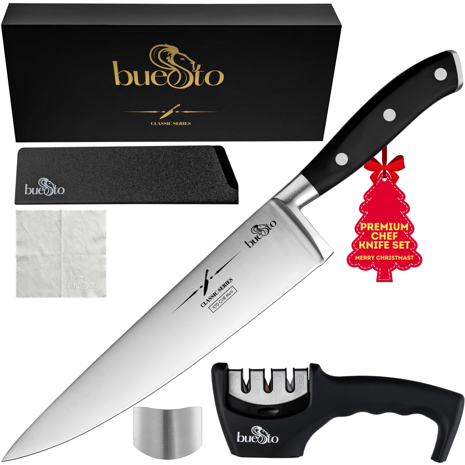 Chef Knife - 8 inch Ultra Sharp Japanese Knife - High Carbon Stainless Steel Kitchen Knives - Long Lasting & Full Tang Chef’s Knives with Knife Sharpener, Sheath, Finger Guard - Chef Gifts