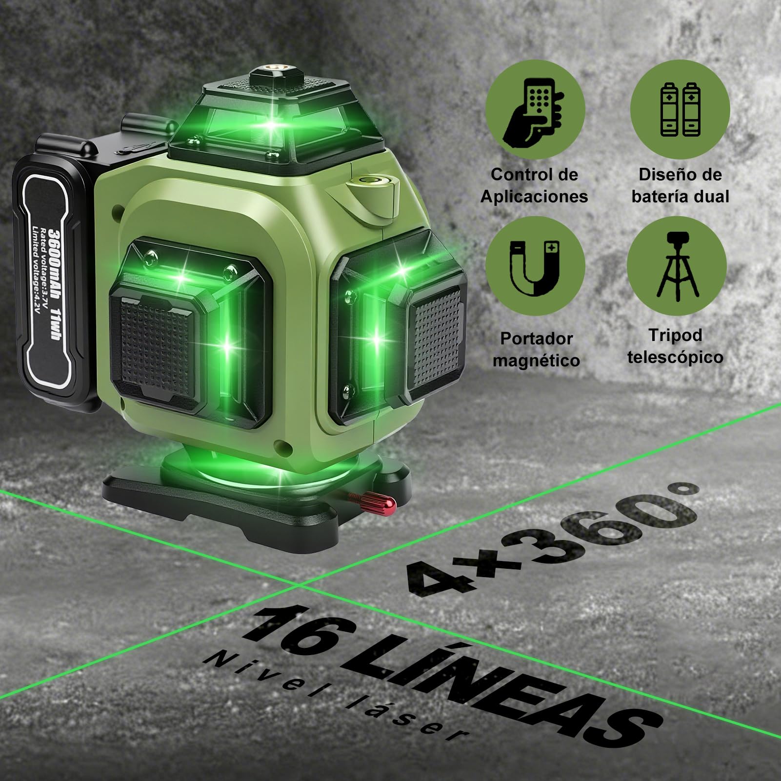 Nivel Láser Autonivelante 360 Grados, Nivel Láser Verde 16 Líneas con Trípode, Nivelador de Líneas Cruzadas Horizontales Verticales, para Obras Construcción, Decoración Hogar