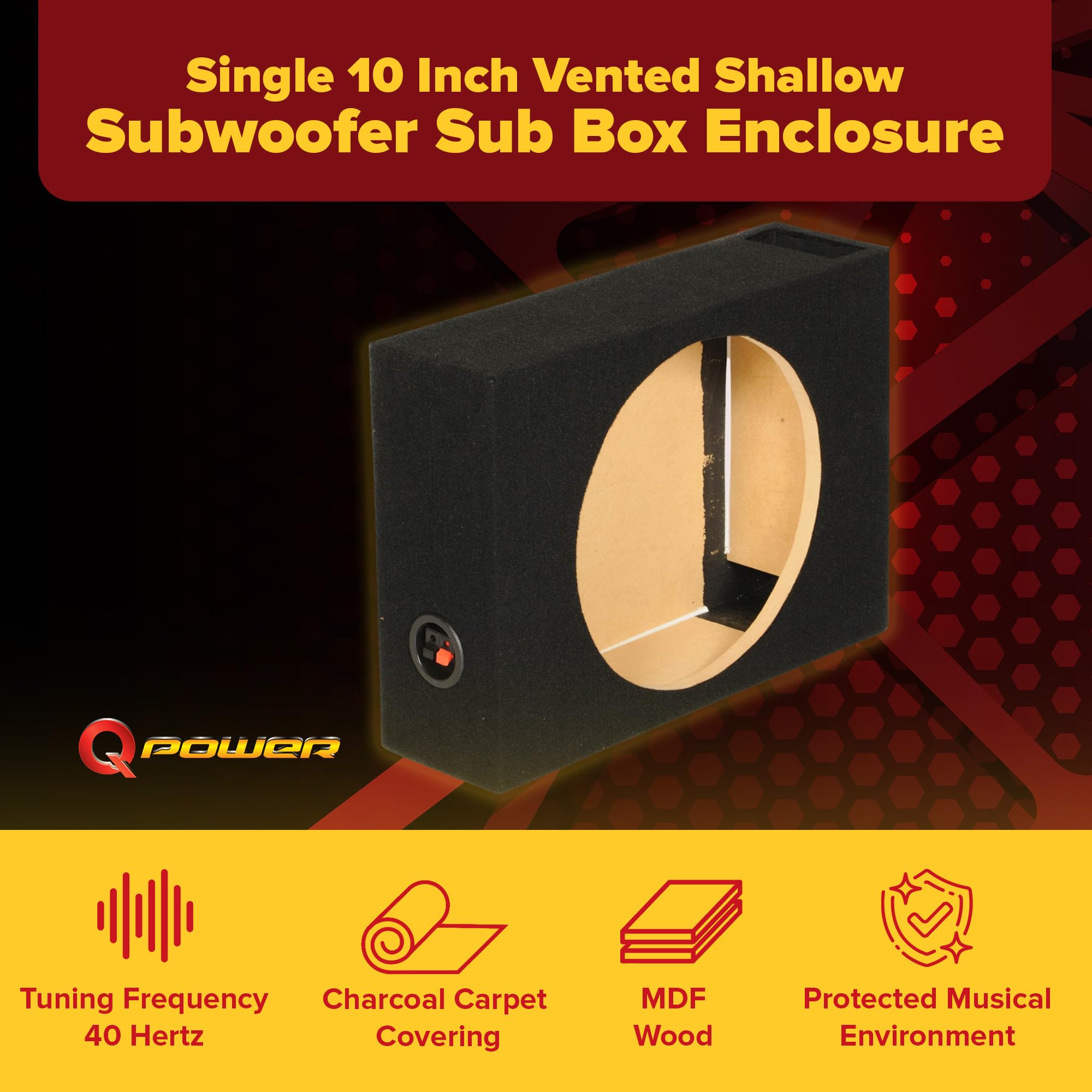 QPower Shallow Vented Subwoofer Enclosure, Single 10 Inch Car Audio Sub Speaker Box