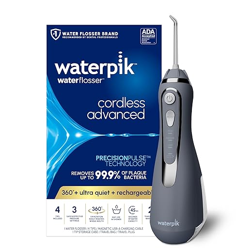 Waterpik Cordless Advanced Water Flosser For Teeth, Gums, Braces, Dental Care With Travel Bag and 4 Tips, ADA Accepted, Rechargeable, Portable, and Waterproof, Gray WP-587