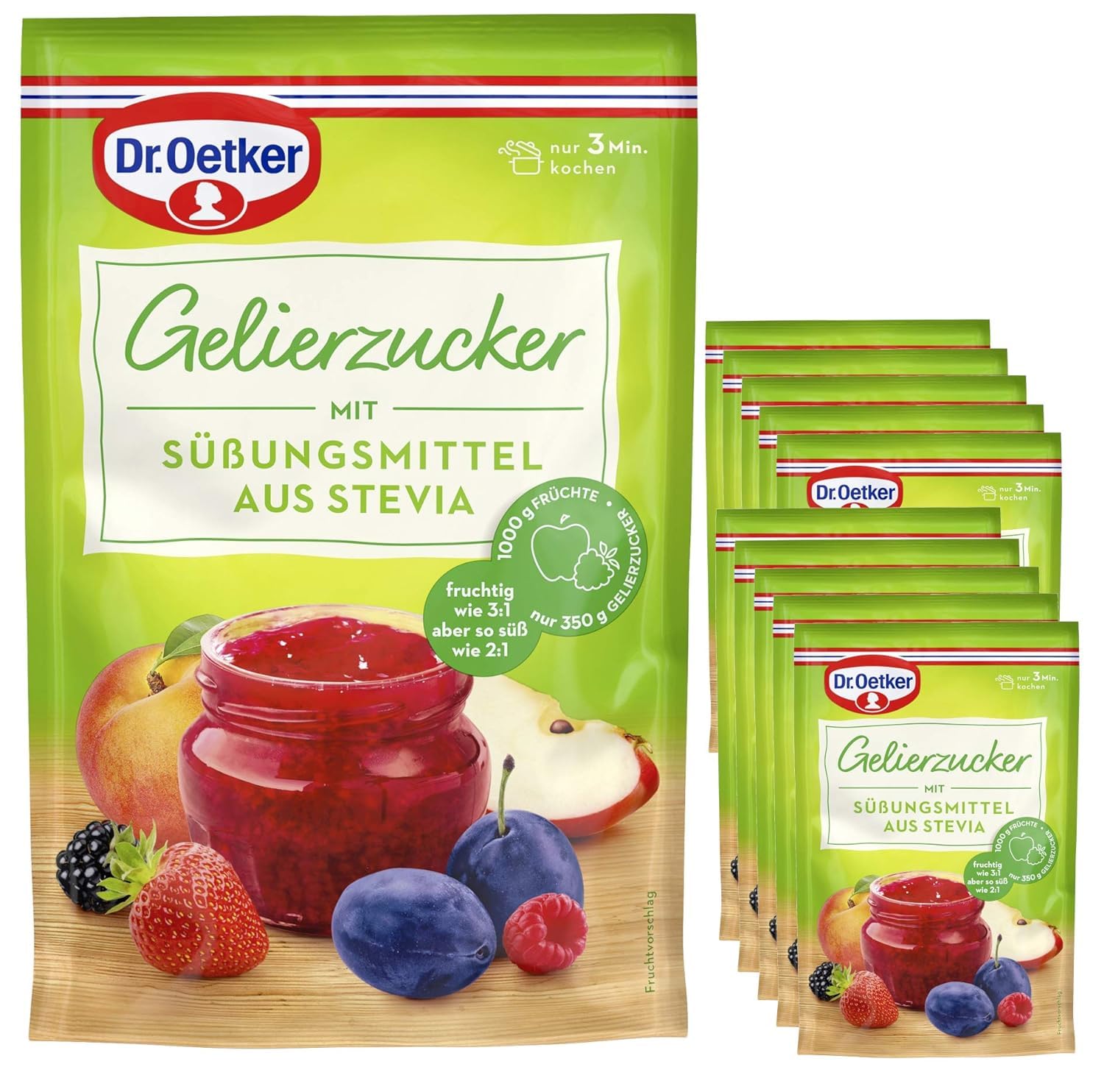 Dr. Oetker Gelierzucker mit Süßungsmittel aus Stevia, 10 x 350 g, Gelierzucker, zum Selbermachen von Konfitüren, Marmeladen & Gelees, fruchtig süß, weniger Kalorien, vegan