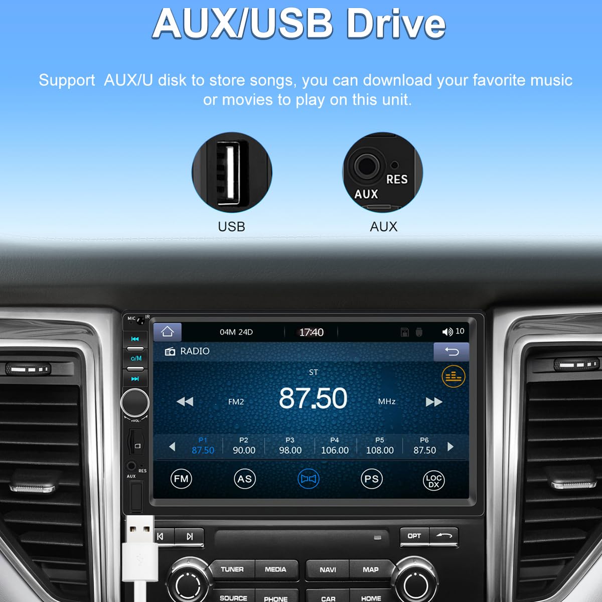 7 "2 Din Carplay Android Auto Radio samochodowe Bluetooth Mirror Link Ekran dotykowy Audio Stereo MP5 Odtwarzacz multimedialny Kierownica FM/TF/USB z pilotem