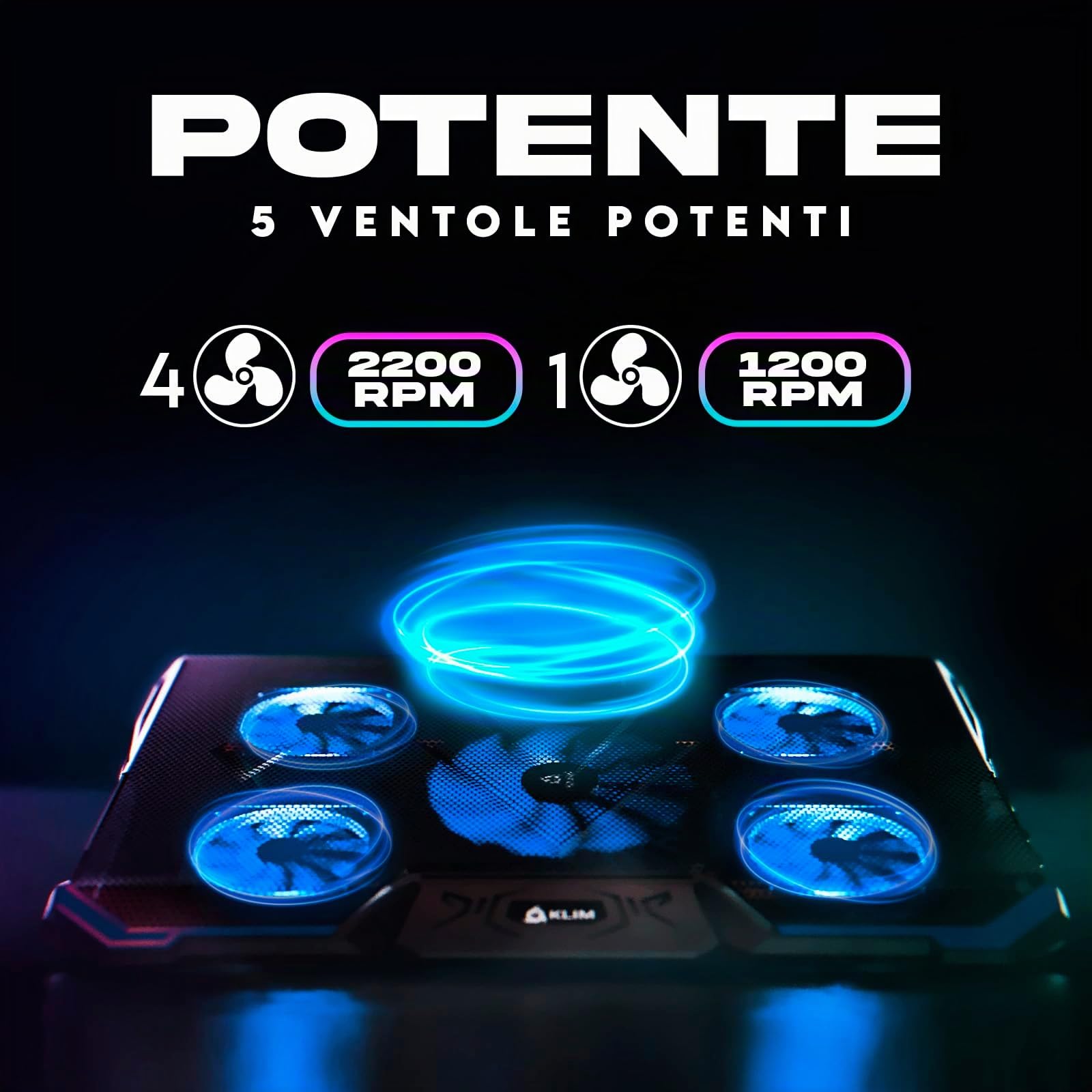 KLIM Cyclone Base di Raffreddamento PC Portatile 5 Ventole Supporto Raffreddatore Cooling Pad Gaming PS5 PS4 Xbox One Blu