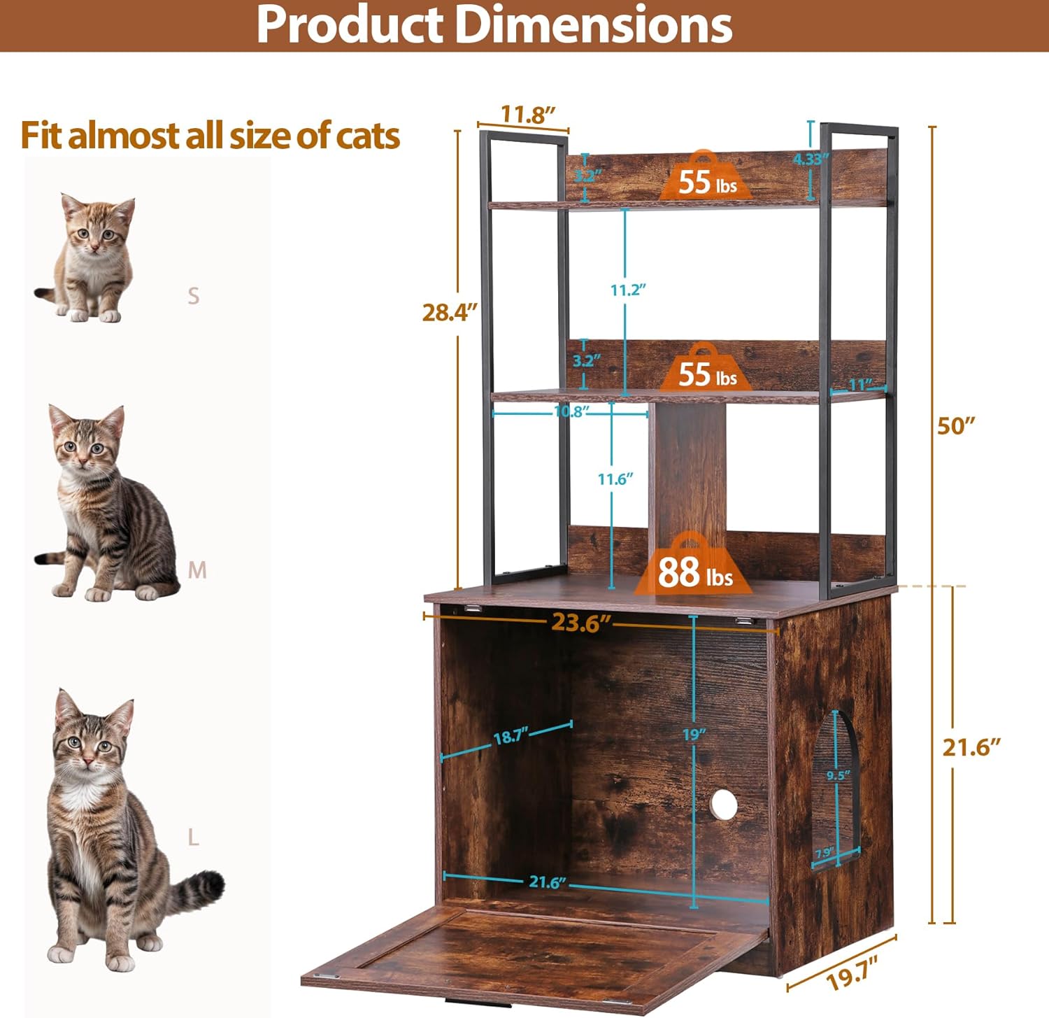 Cat Litter Box Enclosure with 2 Storage Shelves Litter Box Furniture Hidden with Barn Door, Indoor Wooden Cat House, Rustic Brown