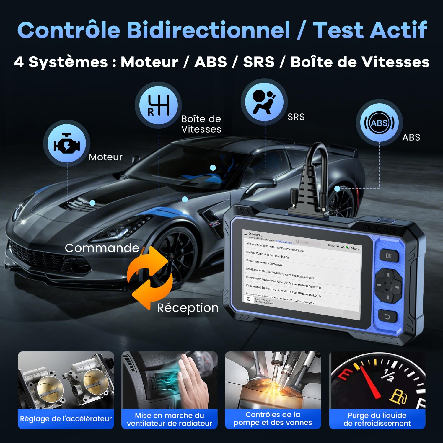 mucar 632 AI Valise Diagnostic Auto,Bidirectionnel OBDII Diagnostic Français, 15 Réinitialisations,Diagnostic de 4 Les systèmes, FCA AutoAuth, CANFD&DOIP, Gratuit à Vie