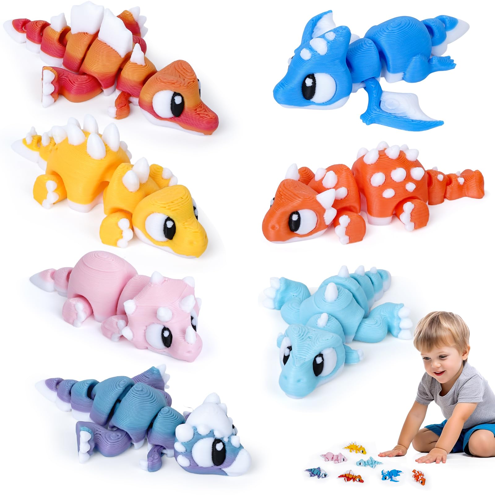 3D Printed Dragon Mini Cute Animal Figures 7 PCS Multicolour Collectible Models Animal Toys Set Desk Decor for Home Office Christmas Party Gifts (3D Printed Dinosaurs)