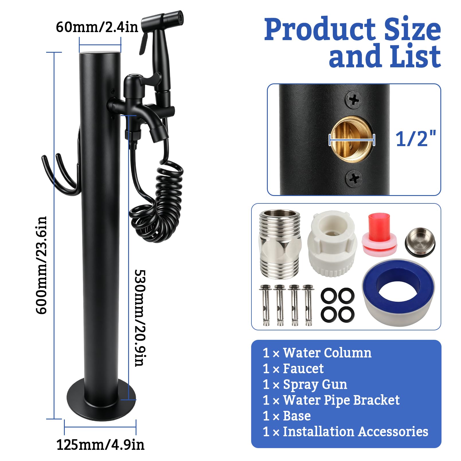 Columna de Agua Vertical para Exteriores con Grifo (Altura: 60 cm) | Hidrante cilíndrico con pistola rociadora, grifo de jardín anticongelante con soporte para manguera y base redonda