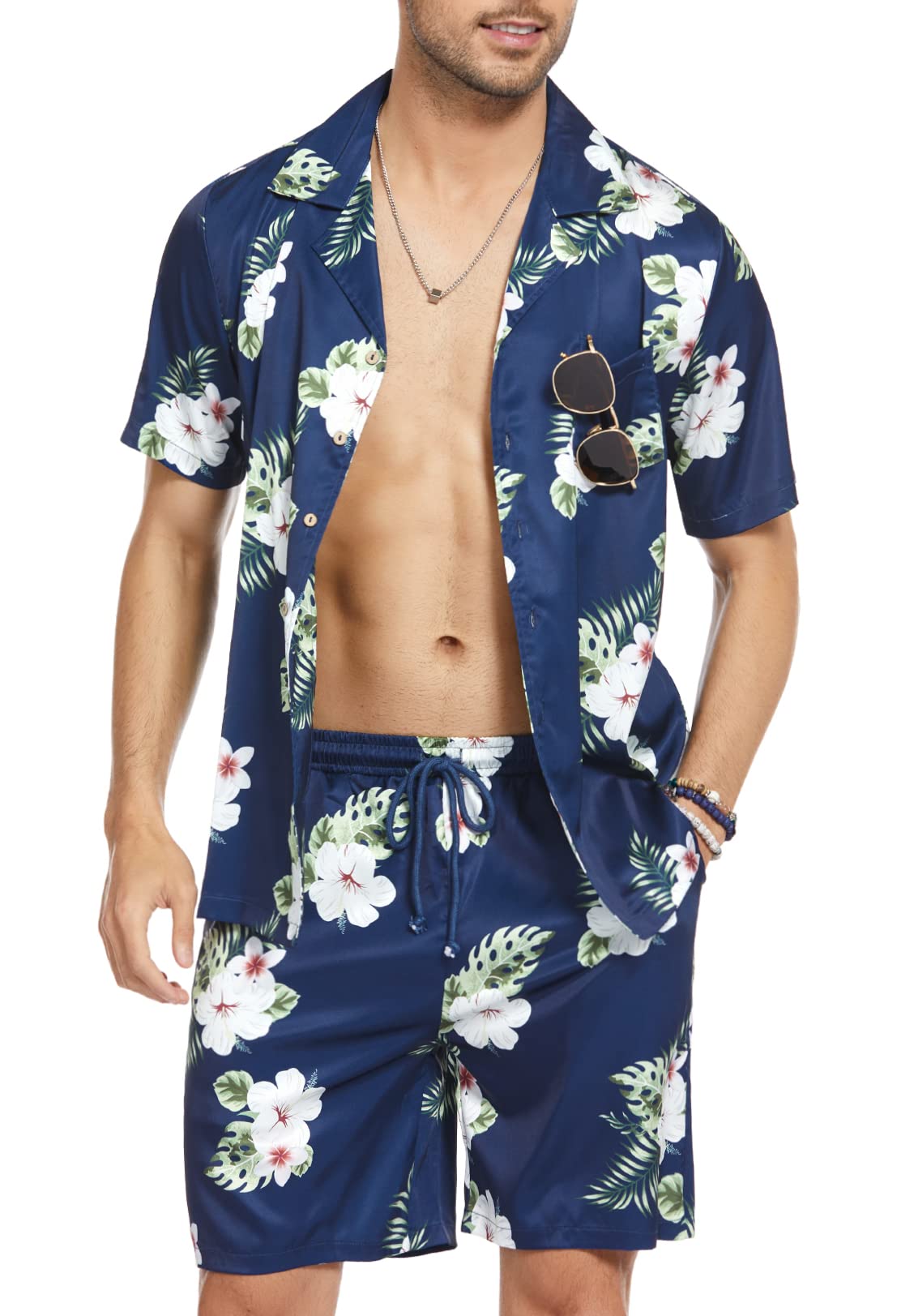 COOFANDYMen's Hawaiian Sets Casual Button Down 2 Piece Suit Floral Pattern Printed Summer Shirt for Vacation
