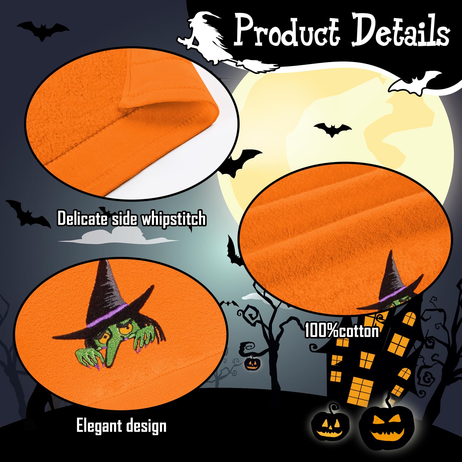 Quera Halloween Geist Handtücher Set – 2 Stück, 35x75 Cm, 100% Baumwolle, Schwarz-weiß