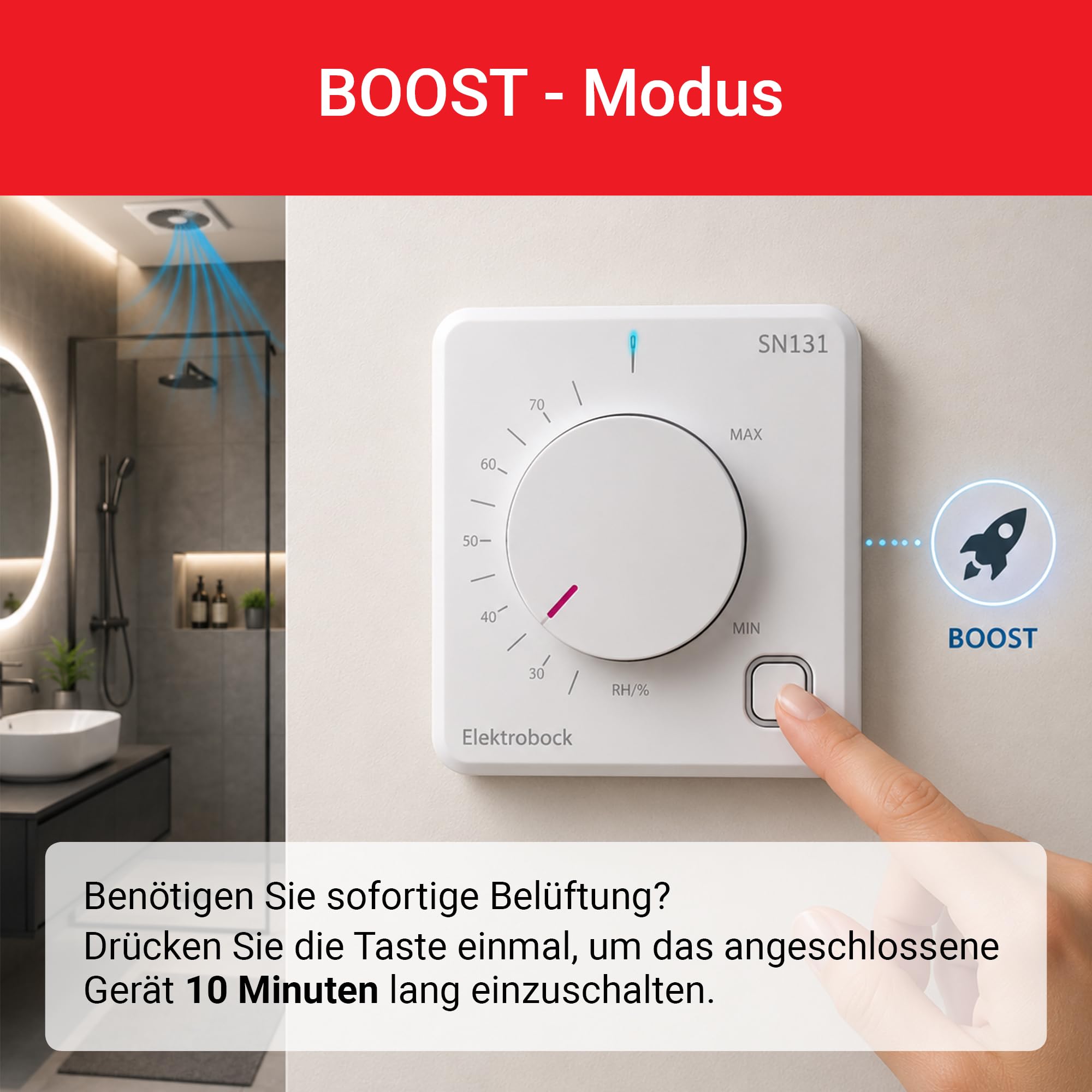ELEKTROBOCK SN131-TR Capteur d'humidité pour contrôle Automatique du Ventilateur | Hygrostat pour Salle de Bain, Cave et buanderie | Protection Contre la moisissure et la Condensation | Commutation