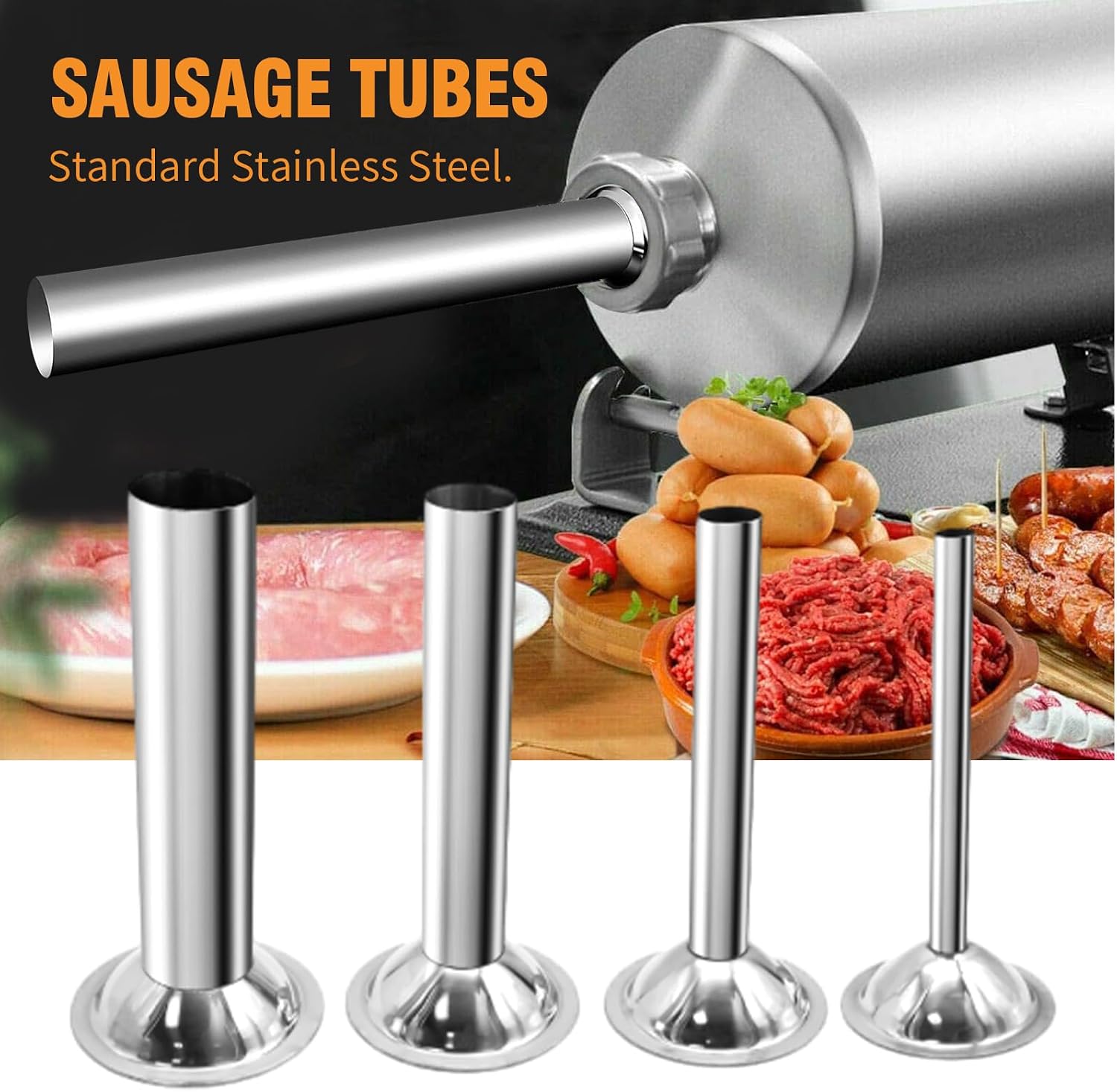 Saihisday 4Pcs Sausage Stuffing Tubes Stuffing Nozzles Stainless Steel Sausage Maker Tubes Snack Stick Stuffer Tube Sausage Stuffer Tubes for #10/#12 Meat Grinder