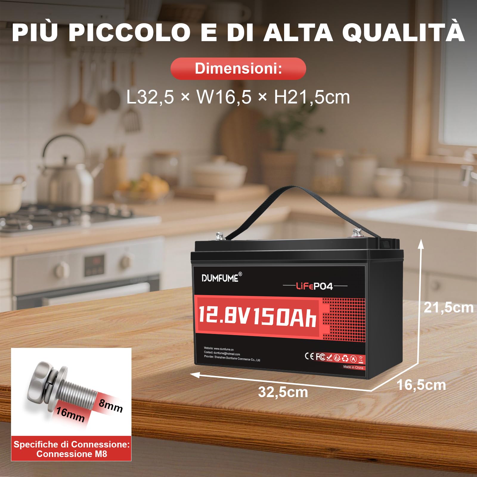 Batteria al Litio LiFePO4 12V 150Ah (1,92 kWh) Per Camper, Impianti Solari, Campeggio, Fotovoltaico, Alimentazione di Emergenza, 6000+ Cicli, Protezione BMS Integrata