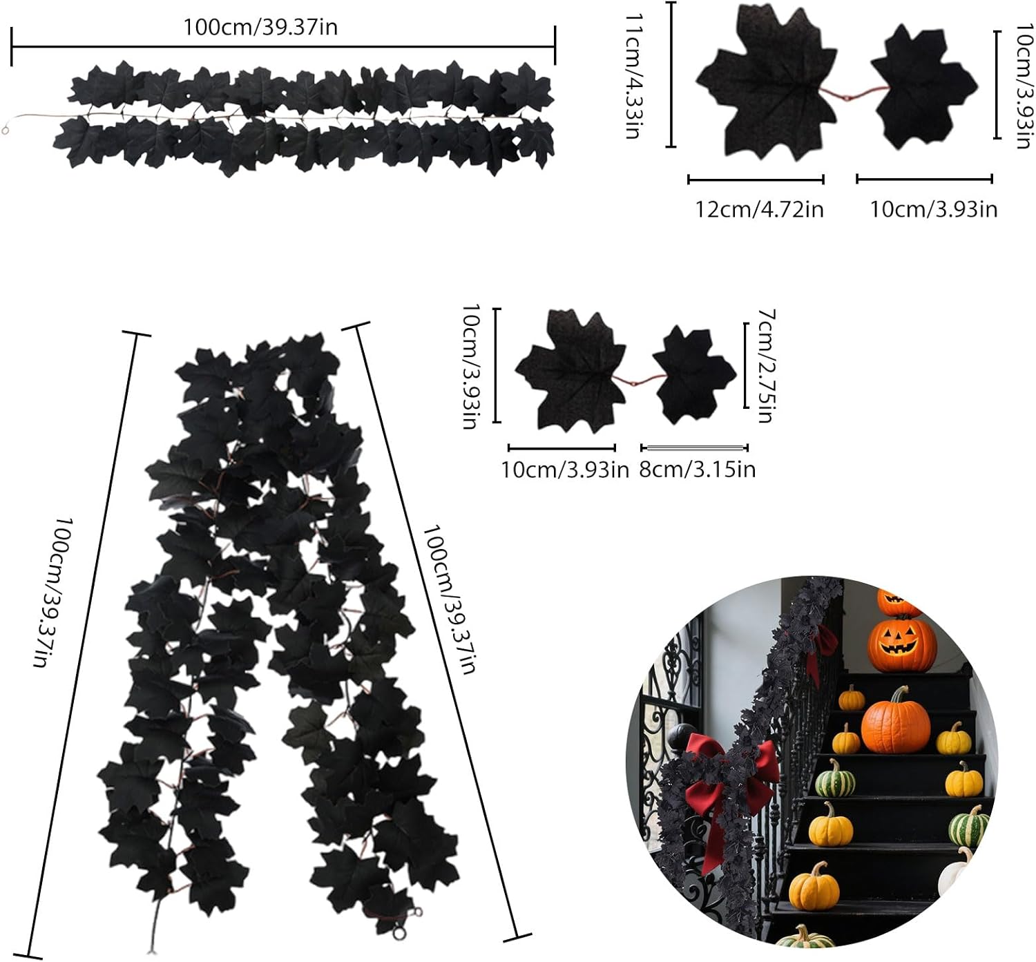 2 Pcs Black Decorations Halloween Maple Leaf Garland, Halloween Party Decor Home Backdrop Wall Fall Decor, Fall Floral Garlands Thanksgiving Decor for Home Wedding Party(Total 9-FT) - Image 2