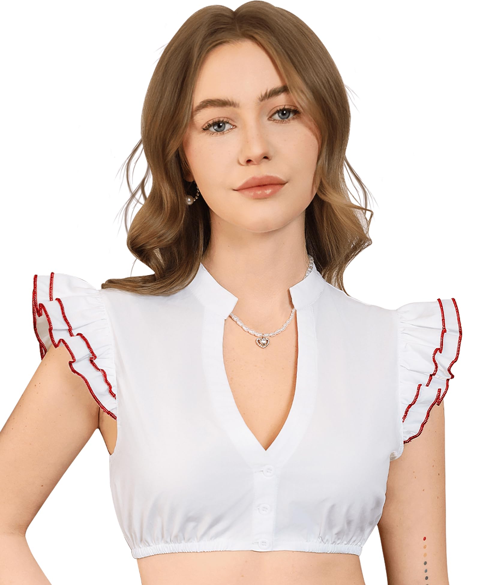 Funspread Dirndl Bluse Damen Weiß - Dirndlbluse Kurzarm DirndlBlusen V Ausschnitt Trachtenbluse Rot 38