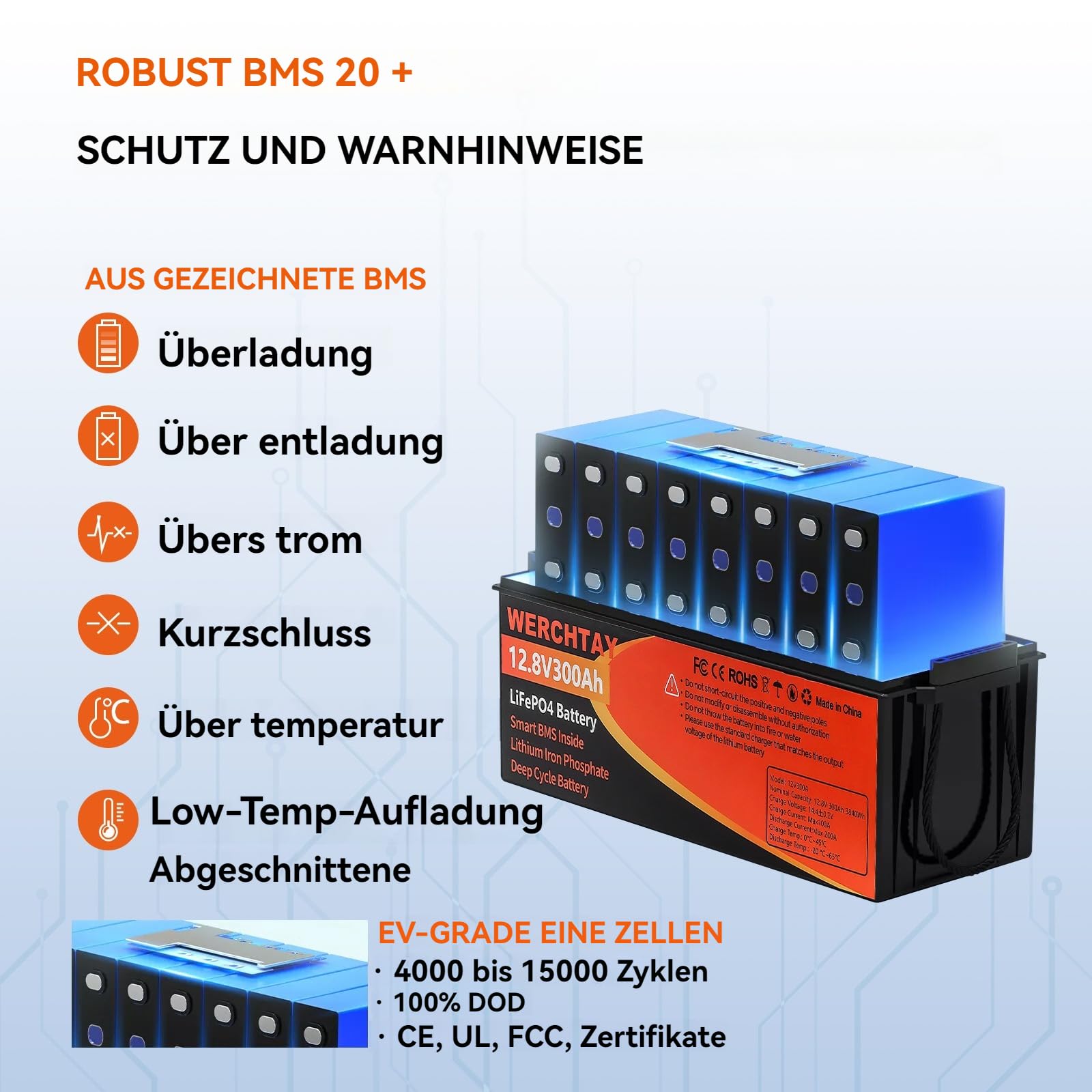 Batería LiFePO4 de 12 V 300 Ah con Bluetooth & Smart BMS 4000-15000 Ciclos Batería de Ciclo Profundo con protección de baja temperatura, autocaravanas, instalaciones solares, barcos, aplicaciones