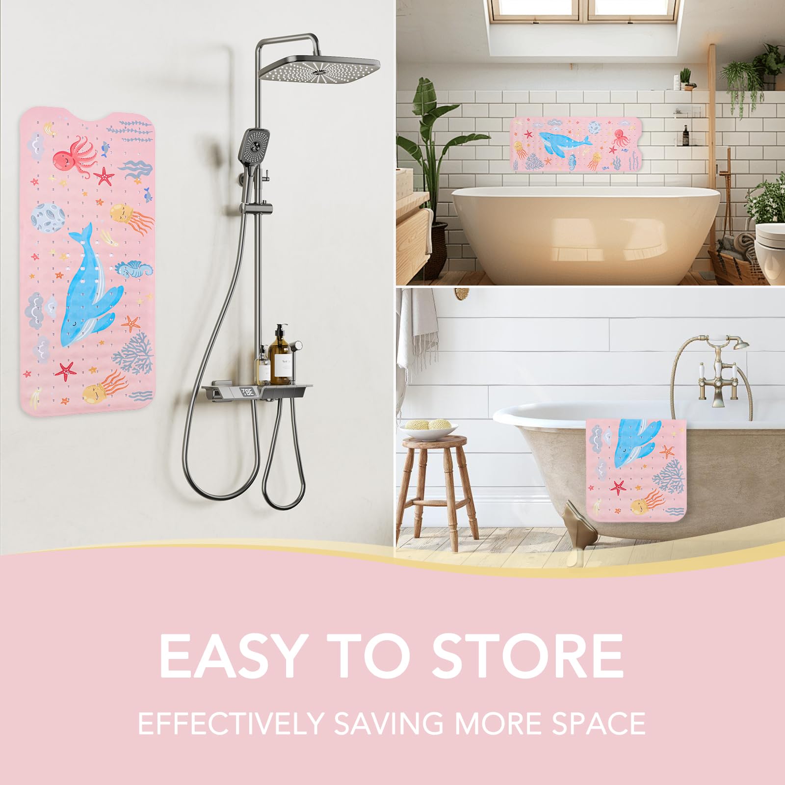 PRATIQUE Alfombrilla de baño Ocean con ventosas para ganchos de agarre seguro para almacenamiento y secado (rosa)