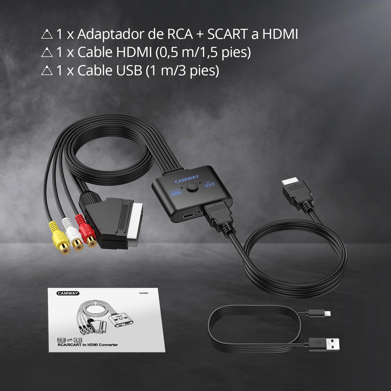 CAMWAY Adaptador RCA y Scart a HDMI con Switch 16:9/4:3, 1080P Convertidor AV/Scart a HDMI con Cable HDMI 50CM, Plug&Play, Compatible con PAL/NTSC para Wii PS1 PS2 N64 Xbox DVD VCR VHS